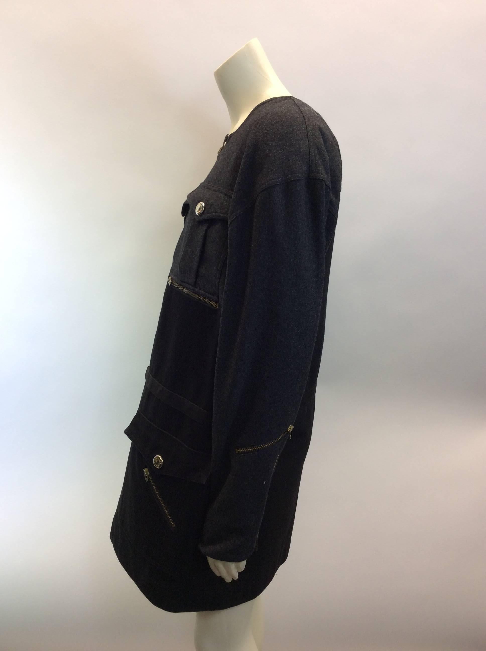 Chanel Color Block Gray/Black Wool Zip Coat For Sale 2