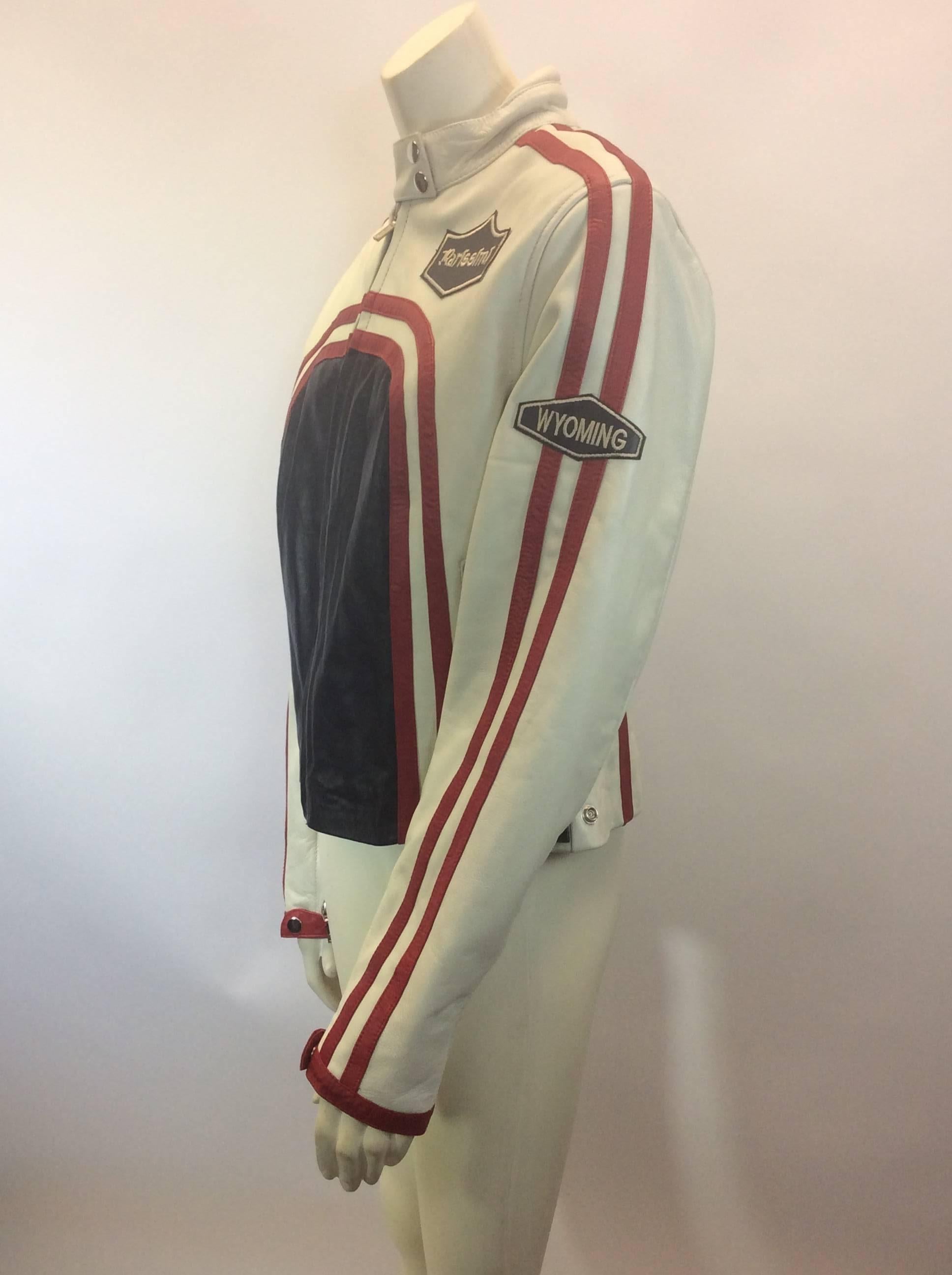 Feminin Touch White and Red Leather Moto Jacket
Size XL/16 (junior fit)
$178
Leather Exterior, Polyester Interior