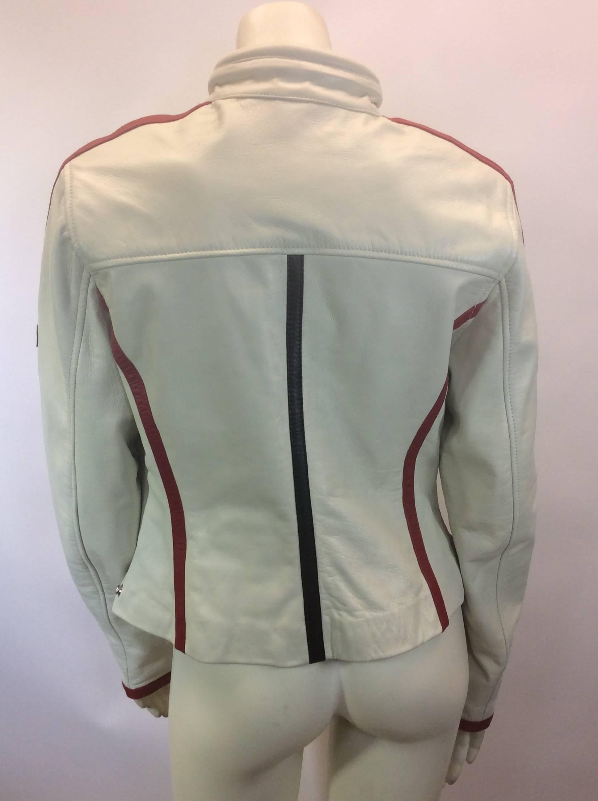 Beige Feminin Touch White and Red Leather Moto Jacket For Sale