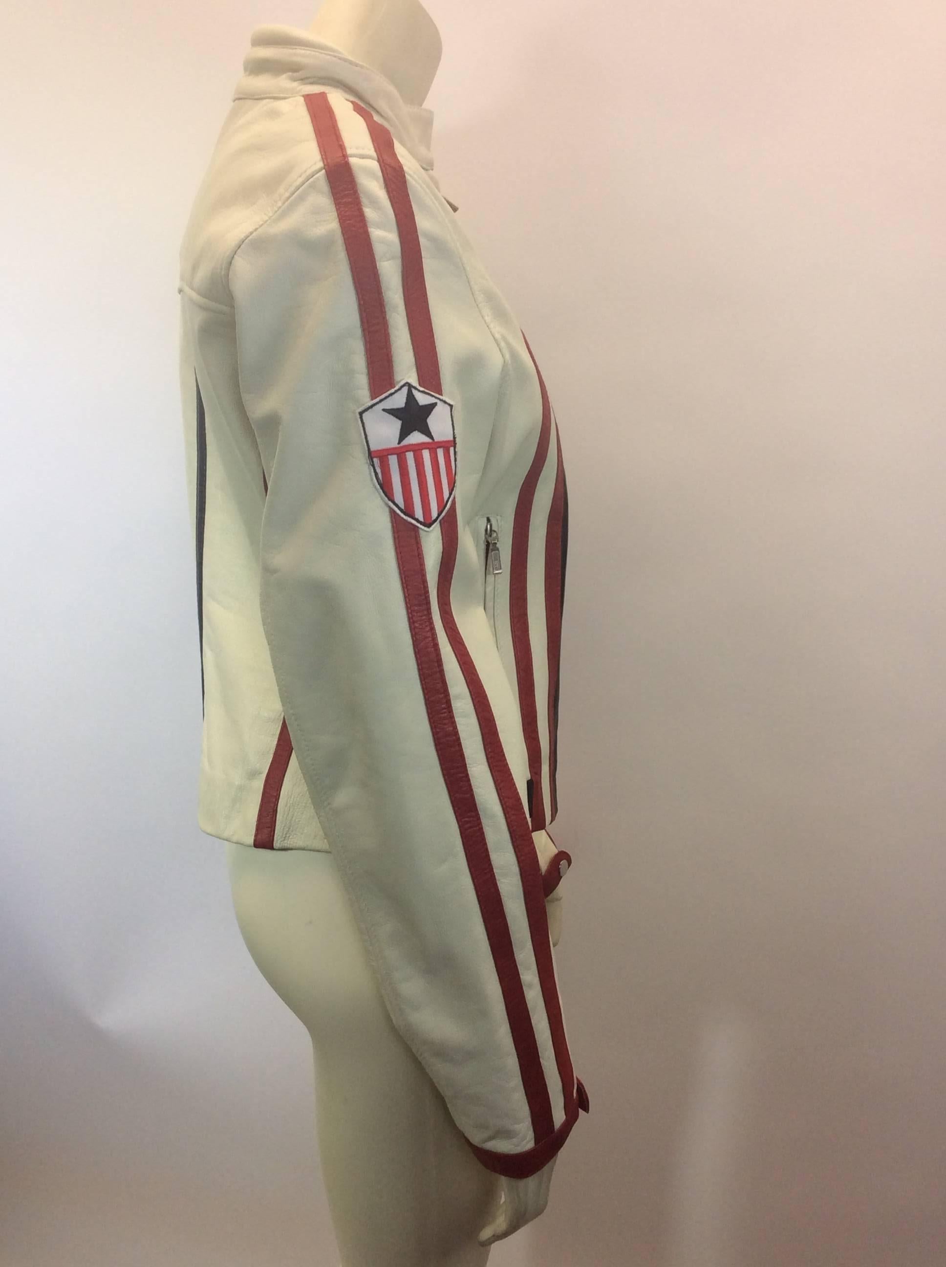 Feminin Touch White and Red Leather Moto Jacket In Excellent Condition For Sale In Narberth, PA