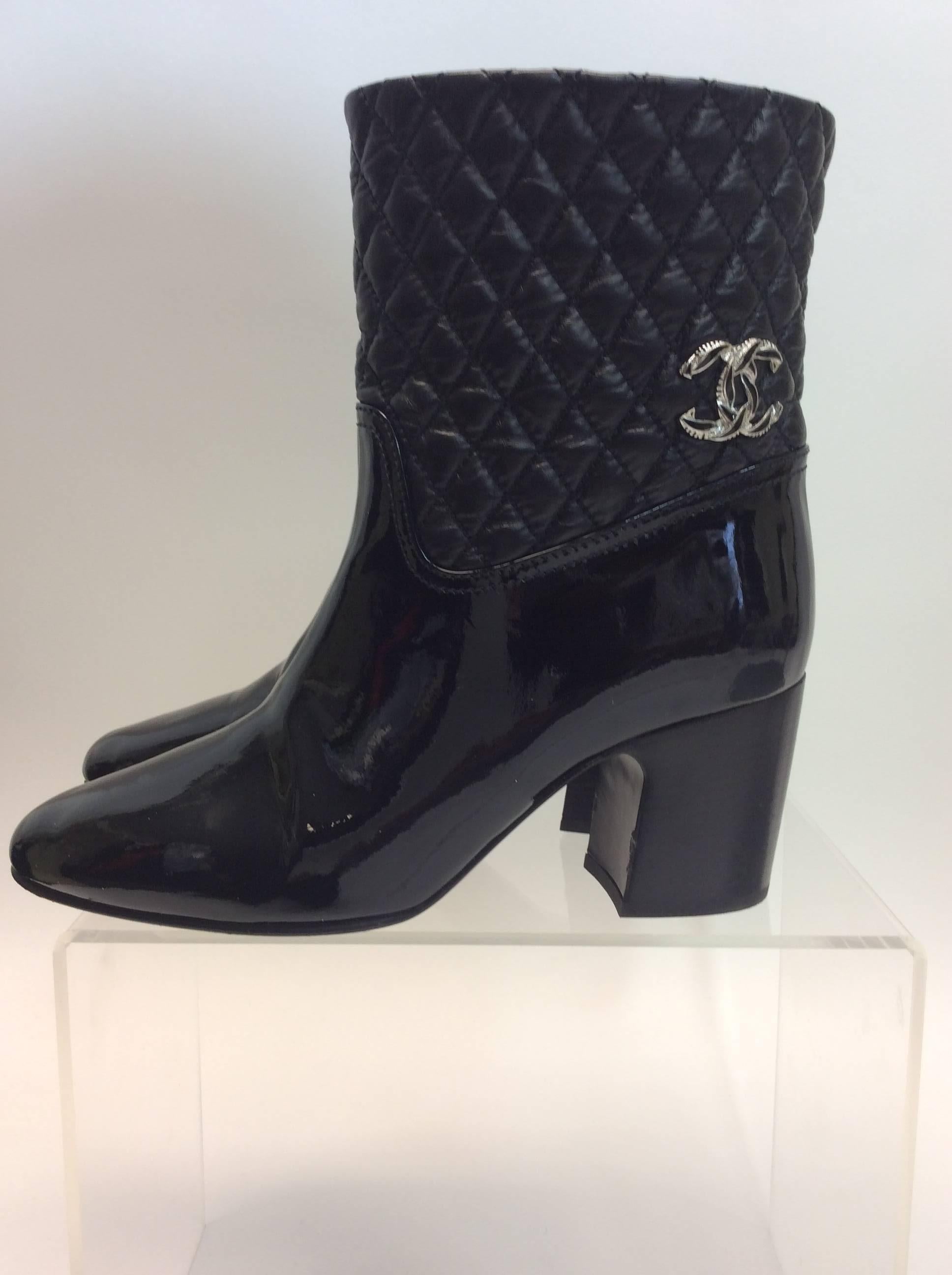 Women's Chanel Patent Leather Quilted Ankle Boots  For Sale