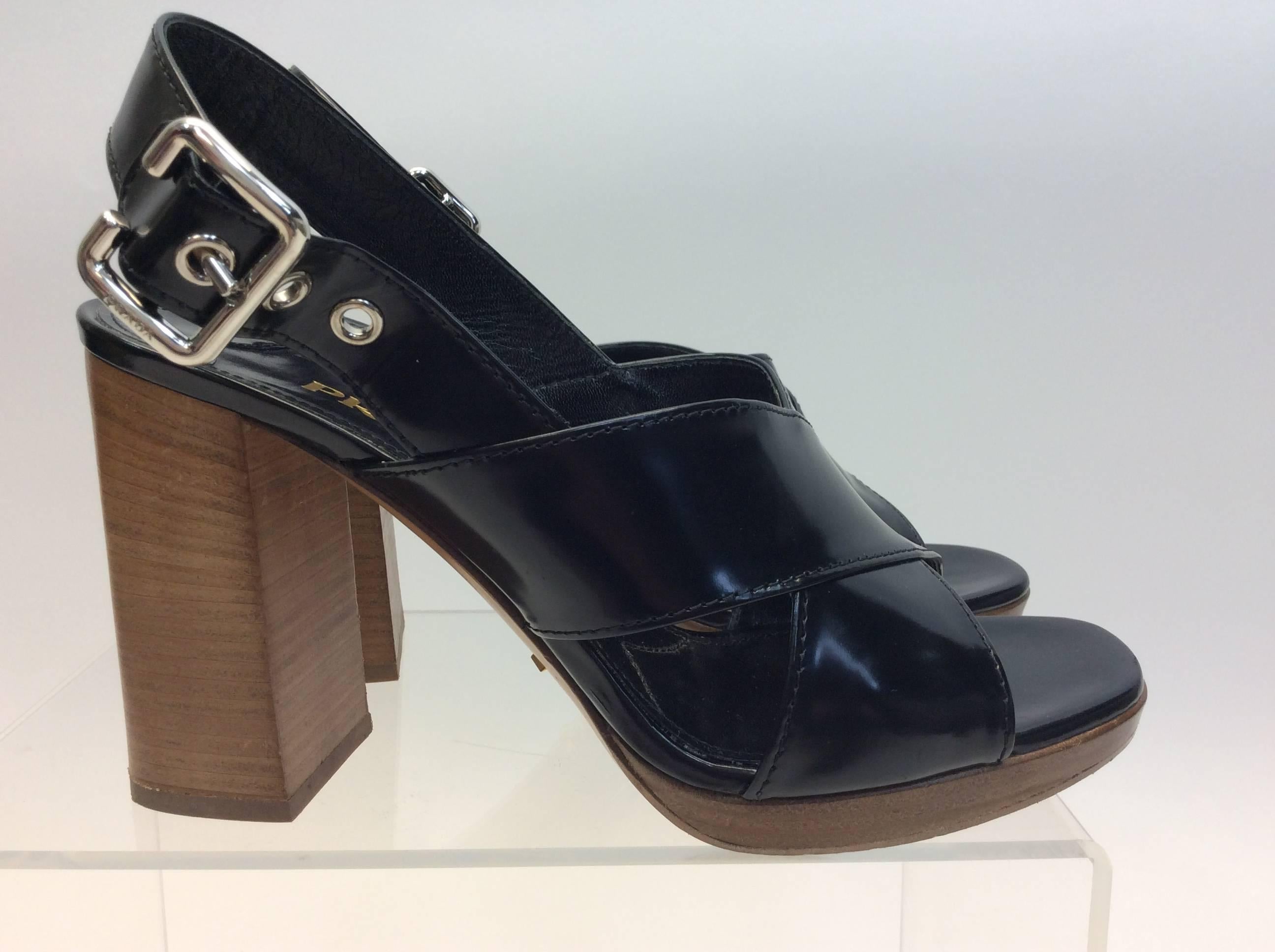 Women's or Men's Prada Black Leather Heeled Sandal For Sale