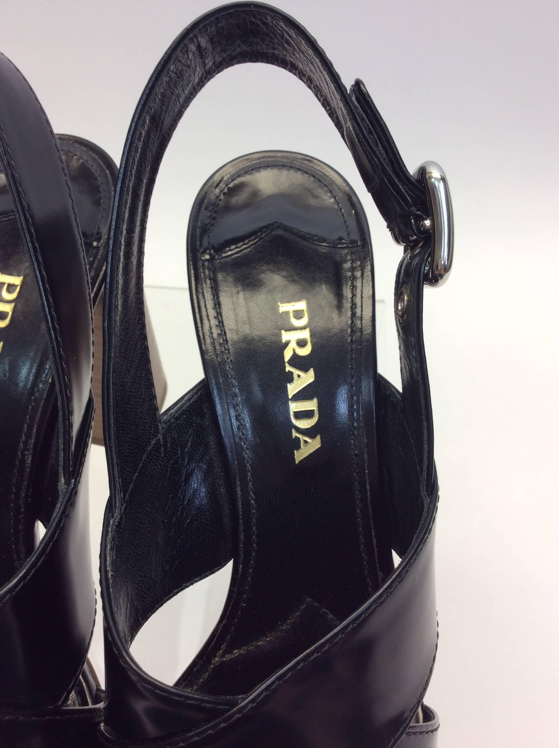 Prada Black Leather Heeled Sandal For Sale 1