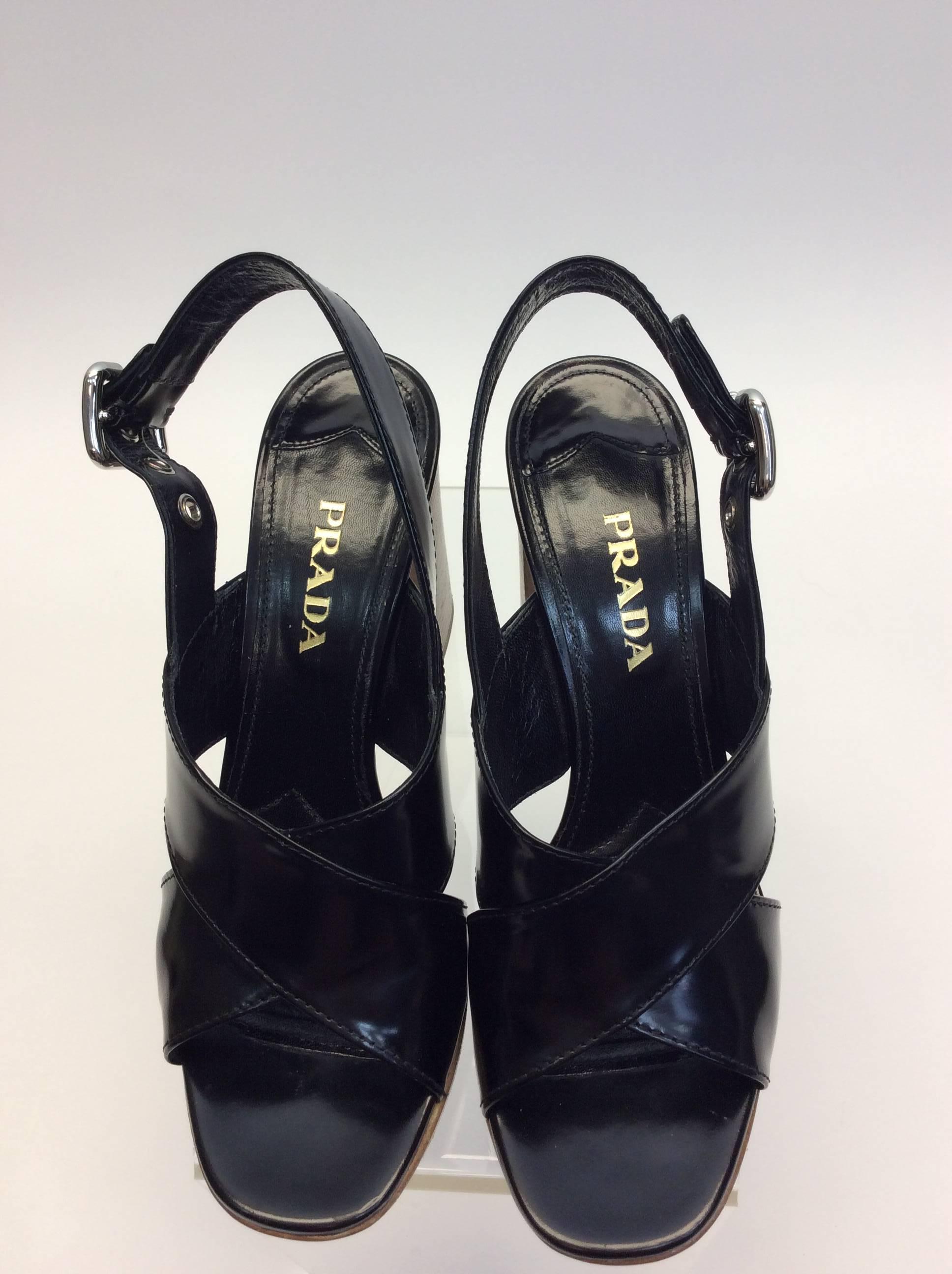 Prada Black Leather Heeled Sandal For Sale 2
