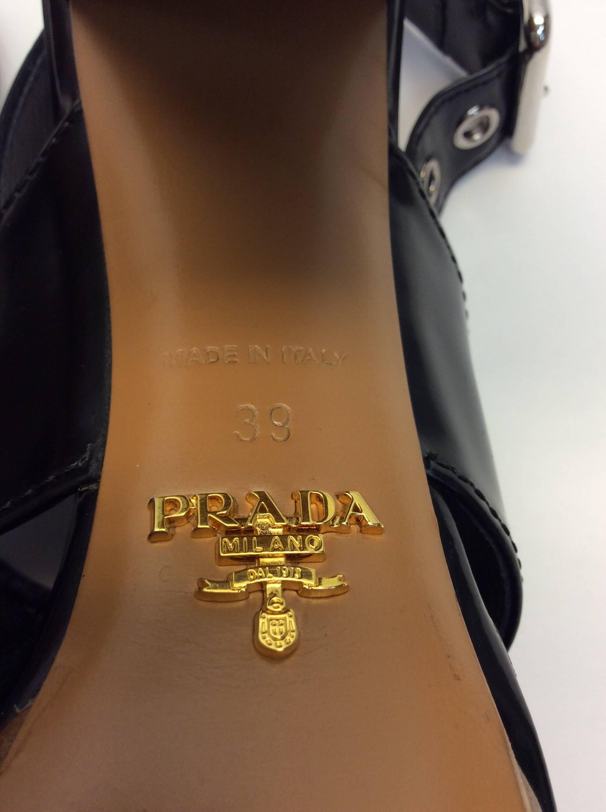 Prada Black Leather Heeled Sandal For Sale 4