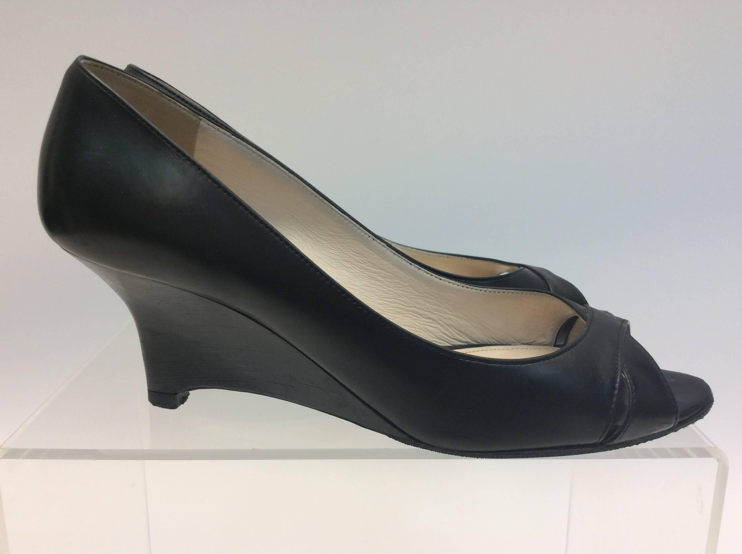 Women's Prada Black Leather Peep Toe Wedge For Sale