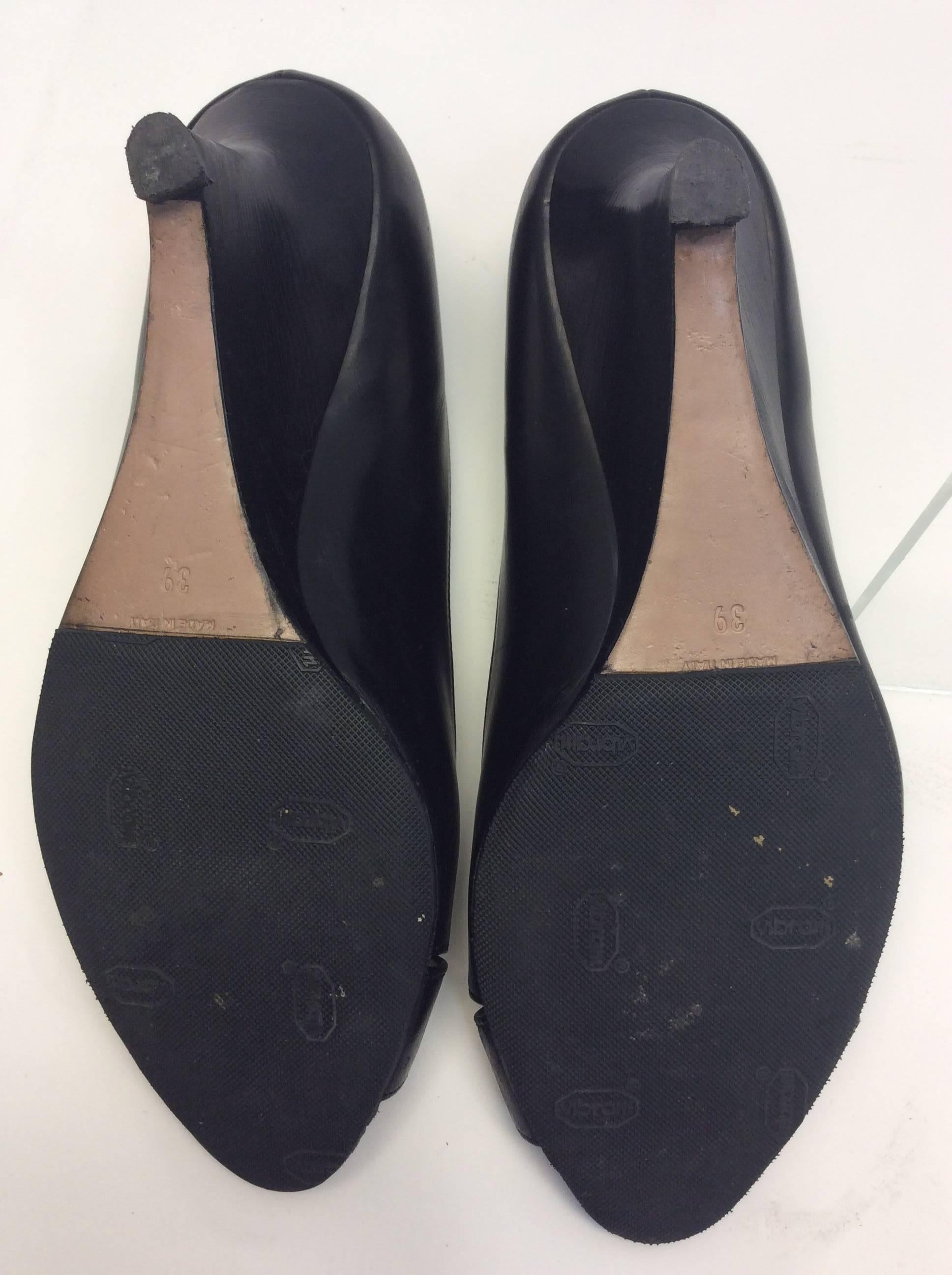 Prada Black Leather Peep Toe Wedge For Sale 3