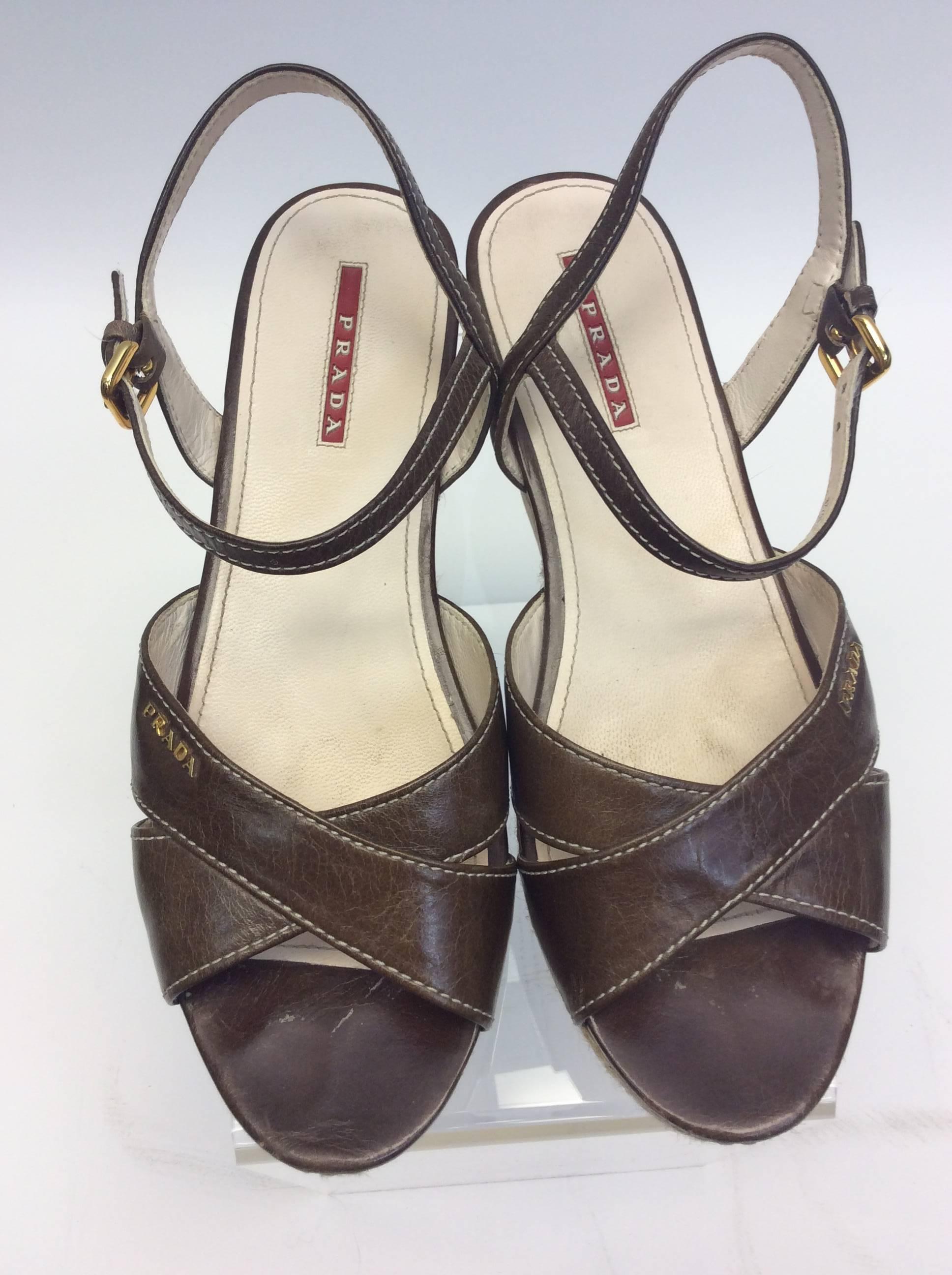 Women's Prada Brown Leather Wedge Sandal For Sale
