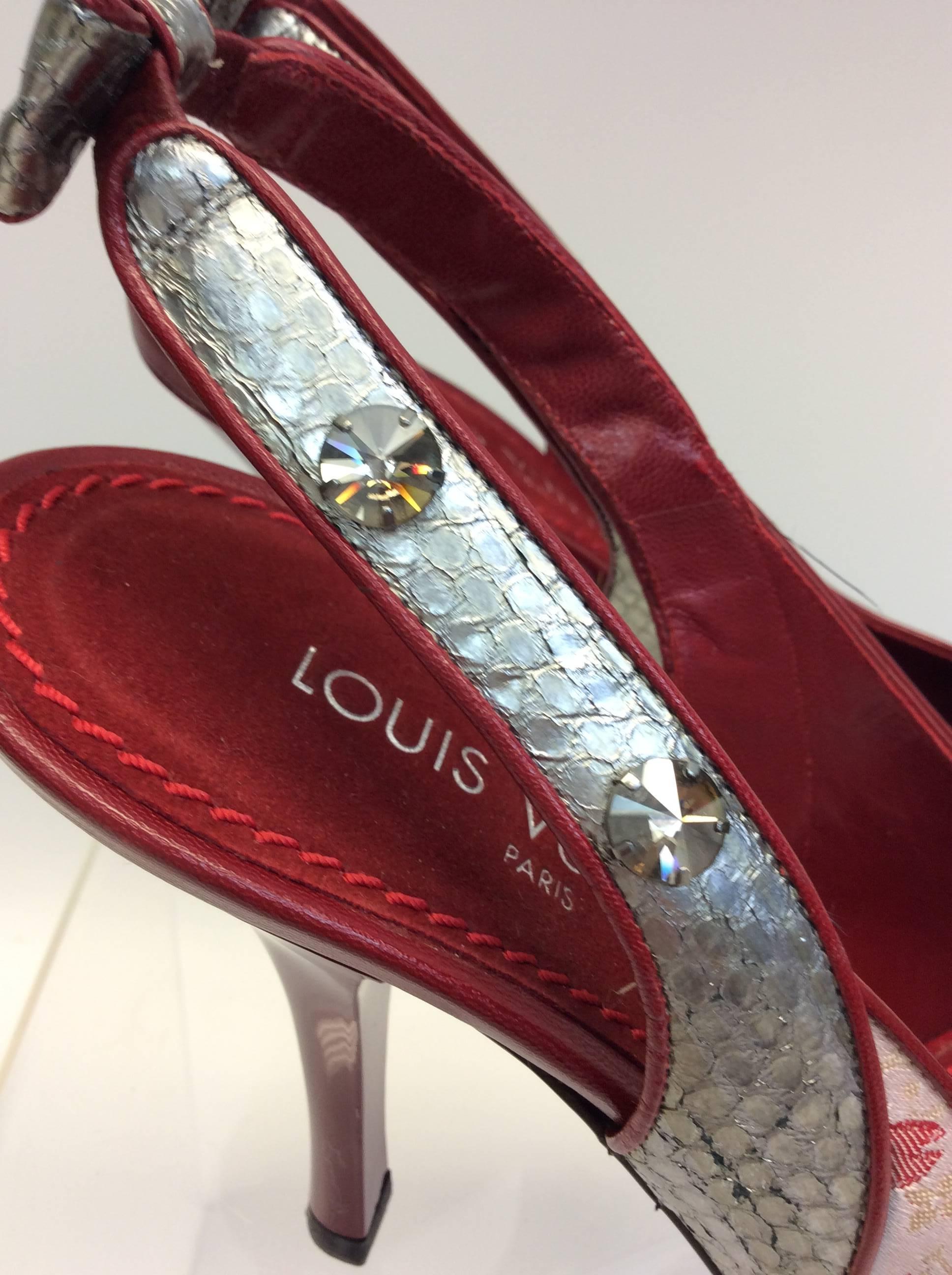 Louis Vuitton Red and Pink Floral Peep Toe Heel For Sale 1