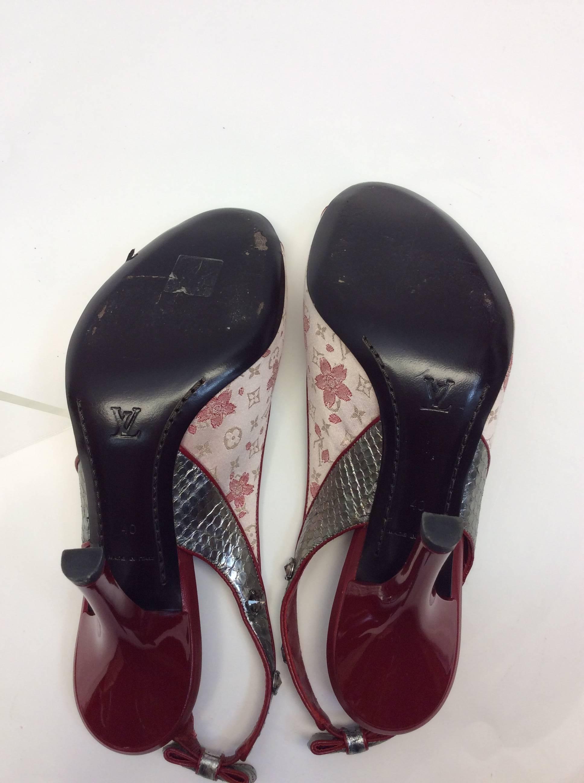 Louis Vuitton Red and Pink Floral Peep Toe Heel For Sale 2