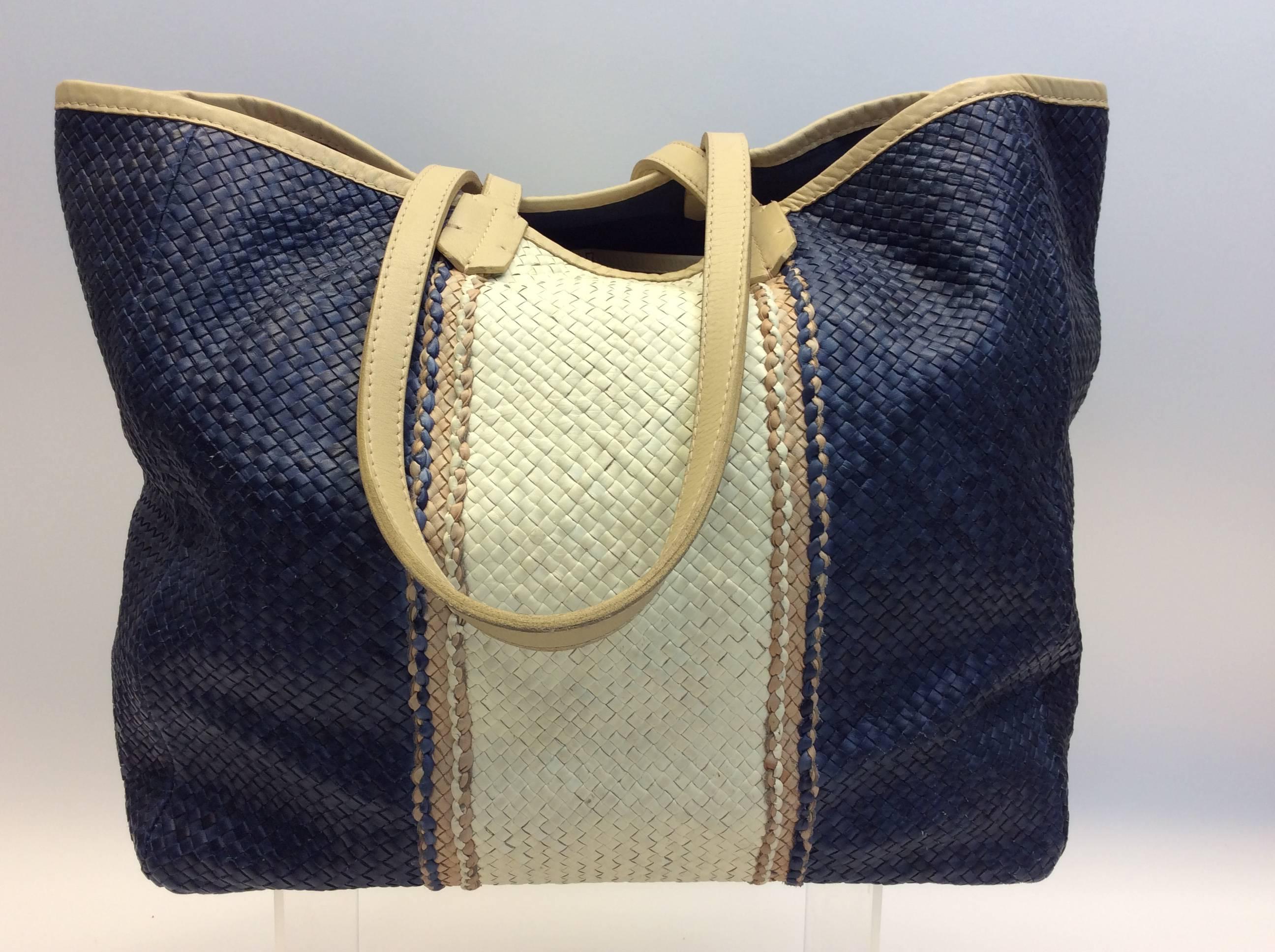 Lance Woven Leather Blue and White Tote In Excellent Condition For Sale In Narberth, PA