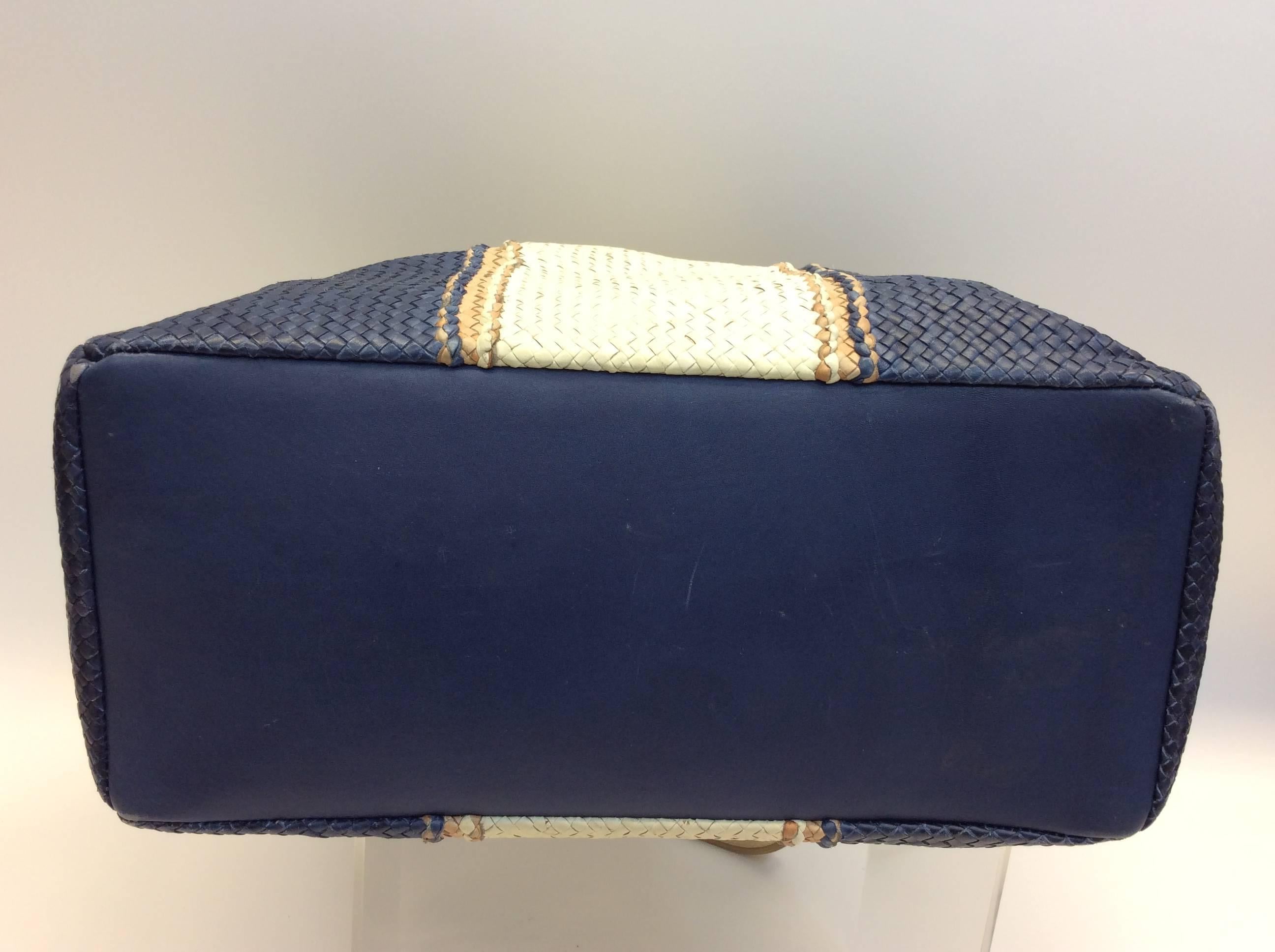 Lance Woven Leather Blue and White Tote For Sale 1
