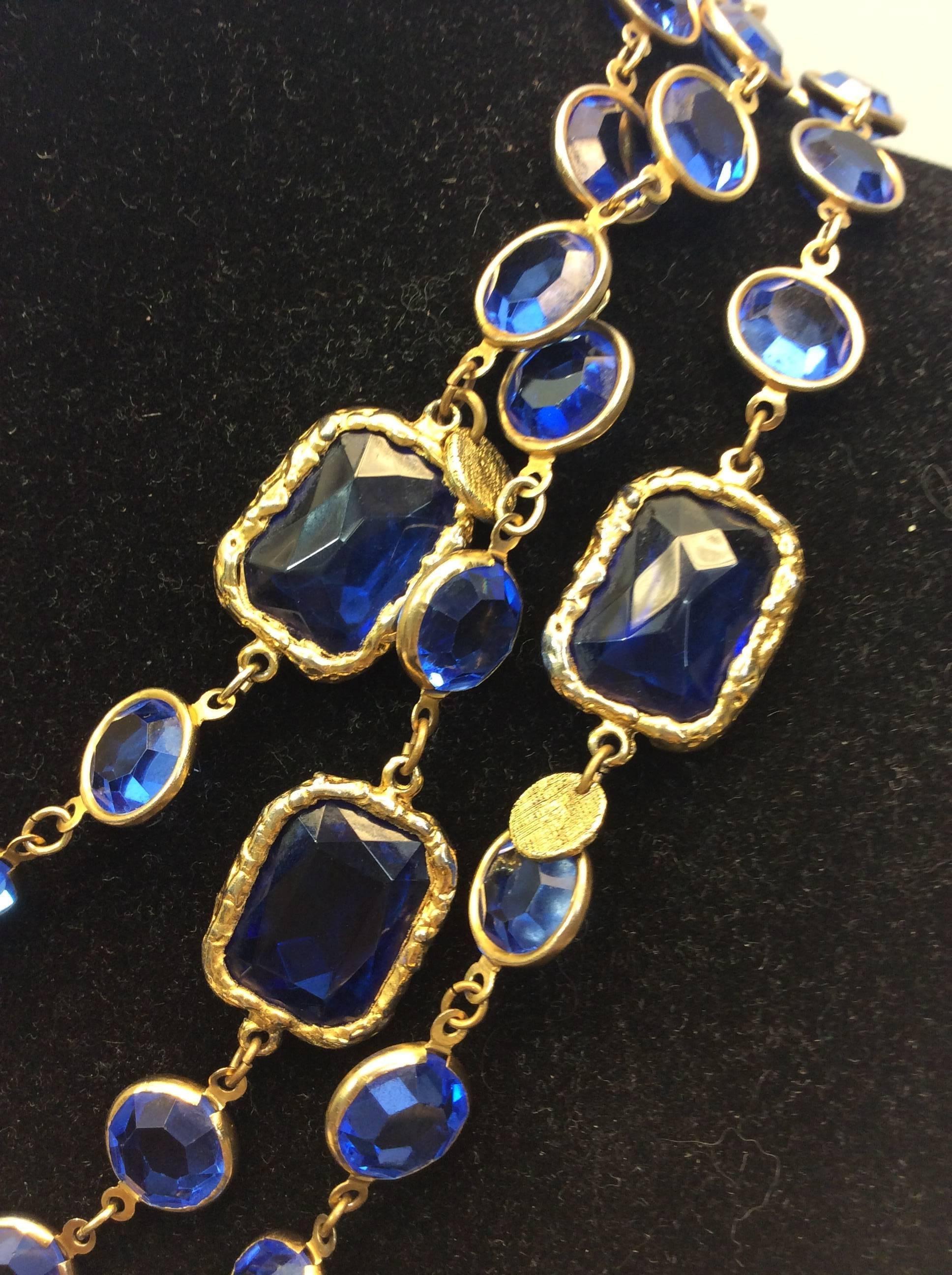 Chanel Gold and Blue Chicklet Necklace In Excellent Condition In Narberth, PA