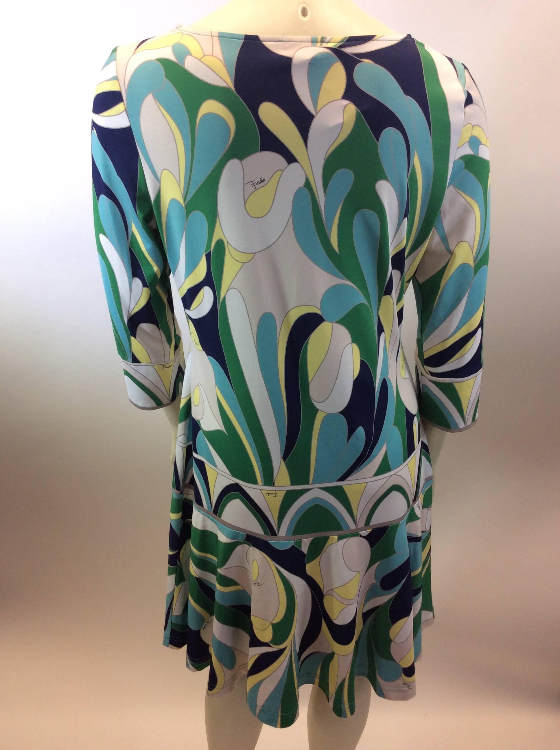 Gray Emilio Pucci Green and Blue Print Silk Dress For Sale