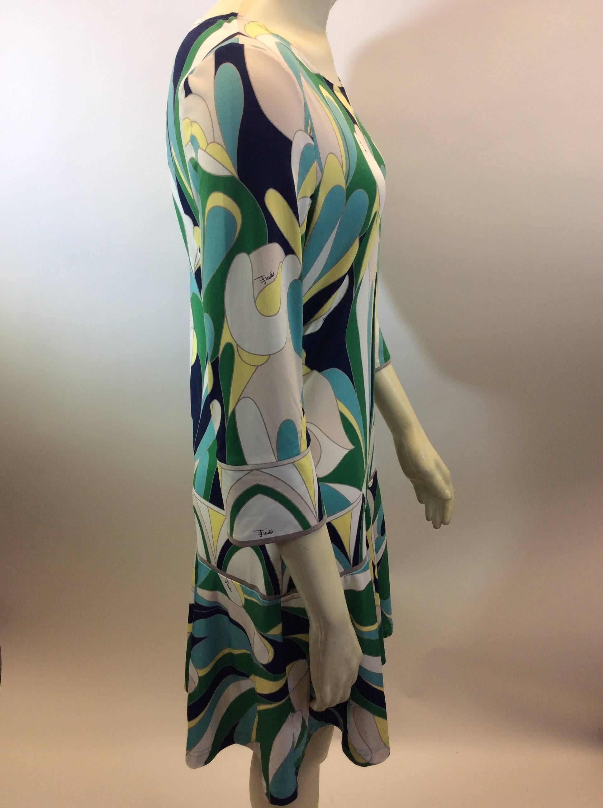 Emilio Pucci Green and Blue Print Silk Dress In Excellent Condition For Sale In Narberth, PA