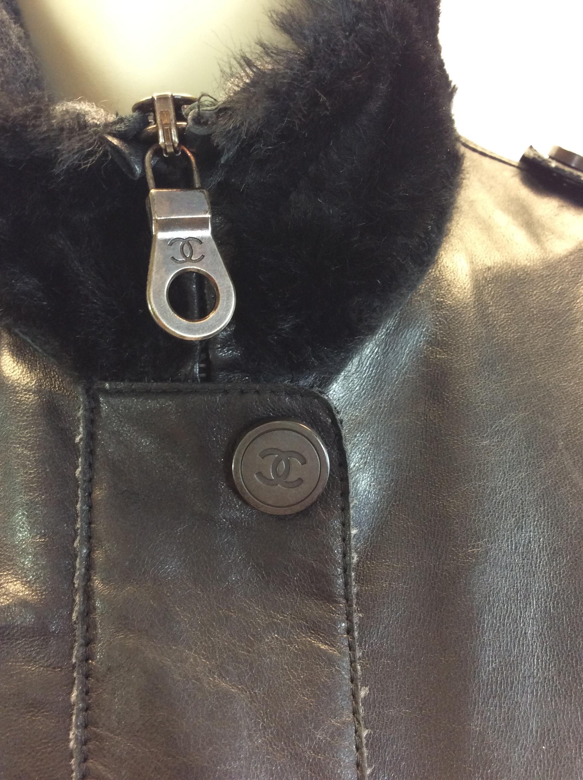 Chanel Black Leather and Wool Coat For Sale 1