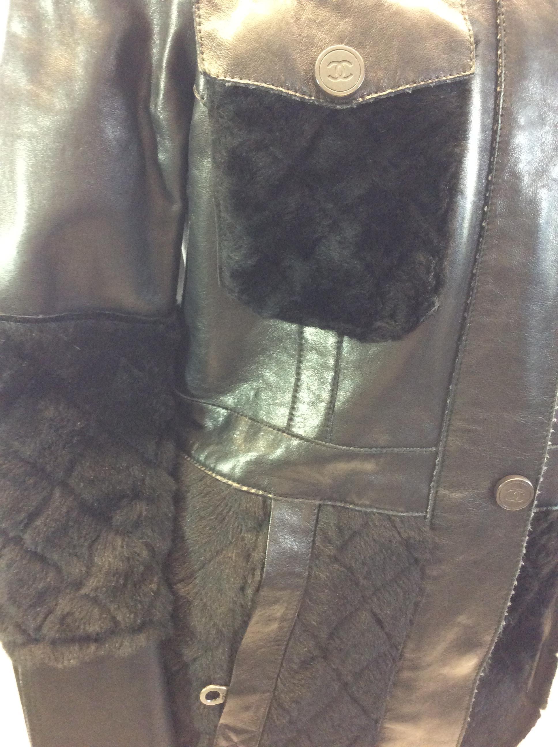 Chanel Black Leather and Wool Coat For Sale 2