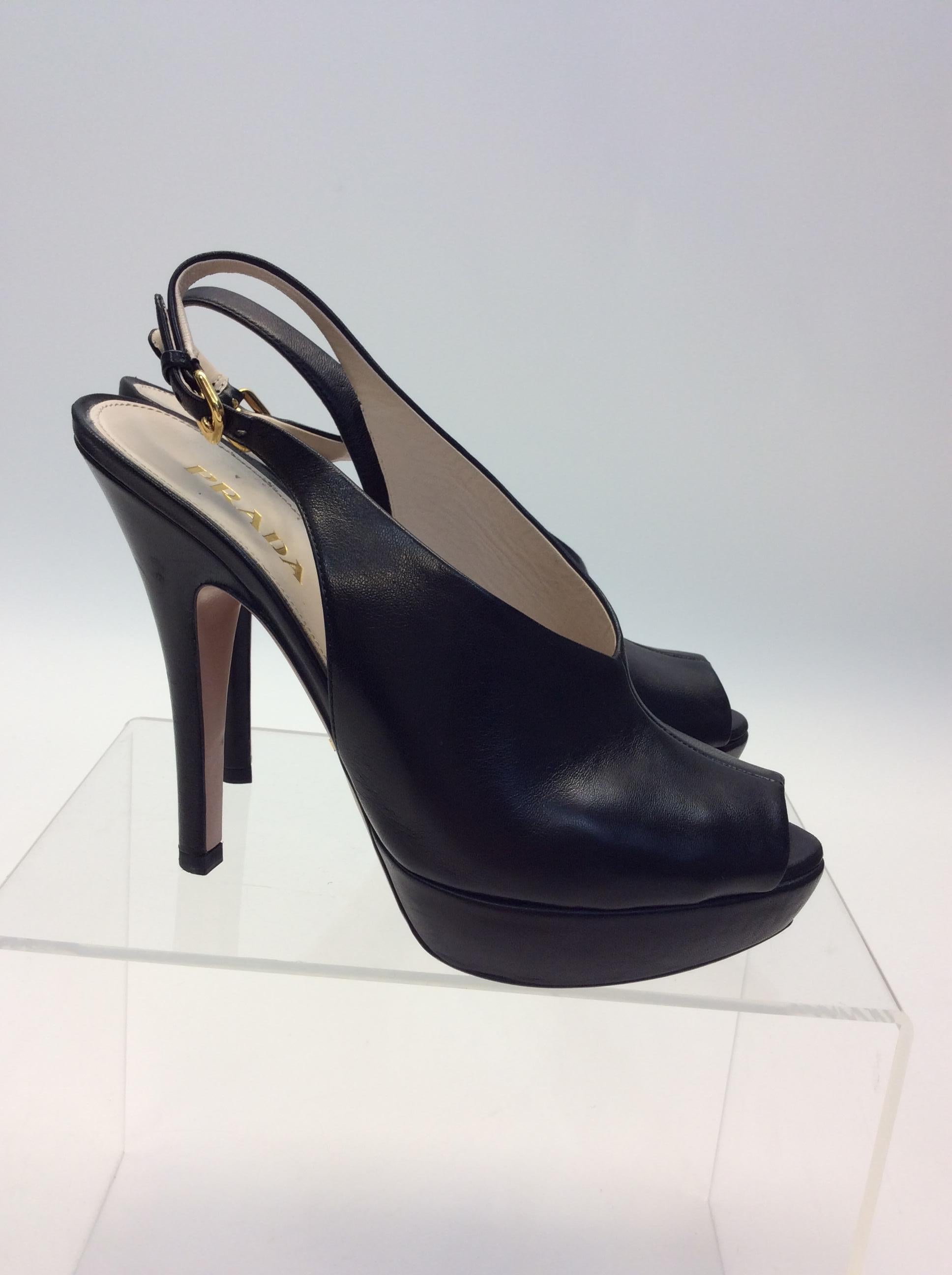 Women's Prada Black Leather Peep Toe Heels For Sale