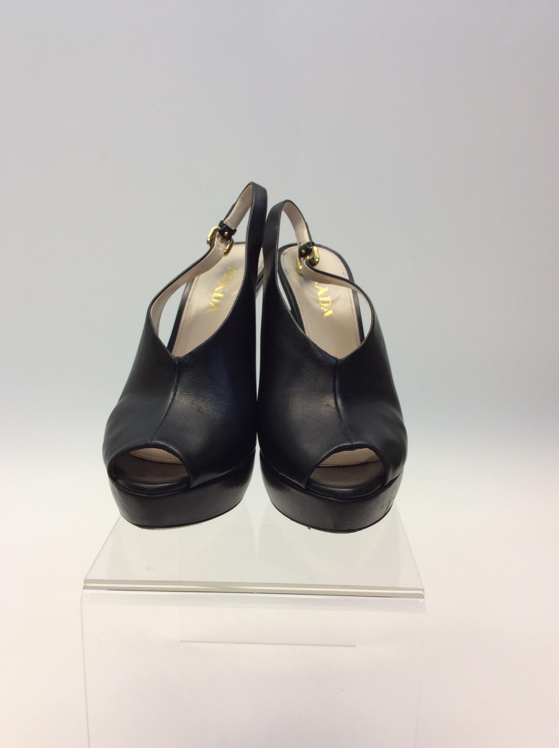 Prada Black Leather Peep Toe Heels For Sale 1