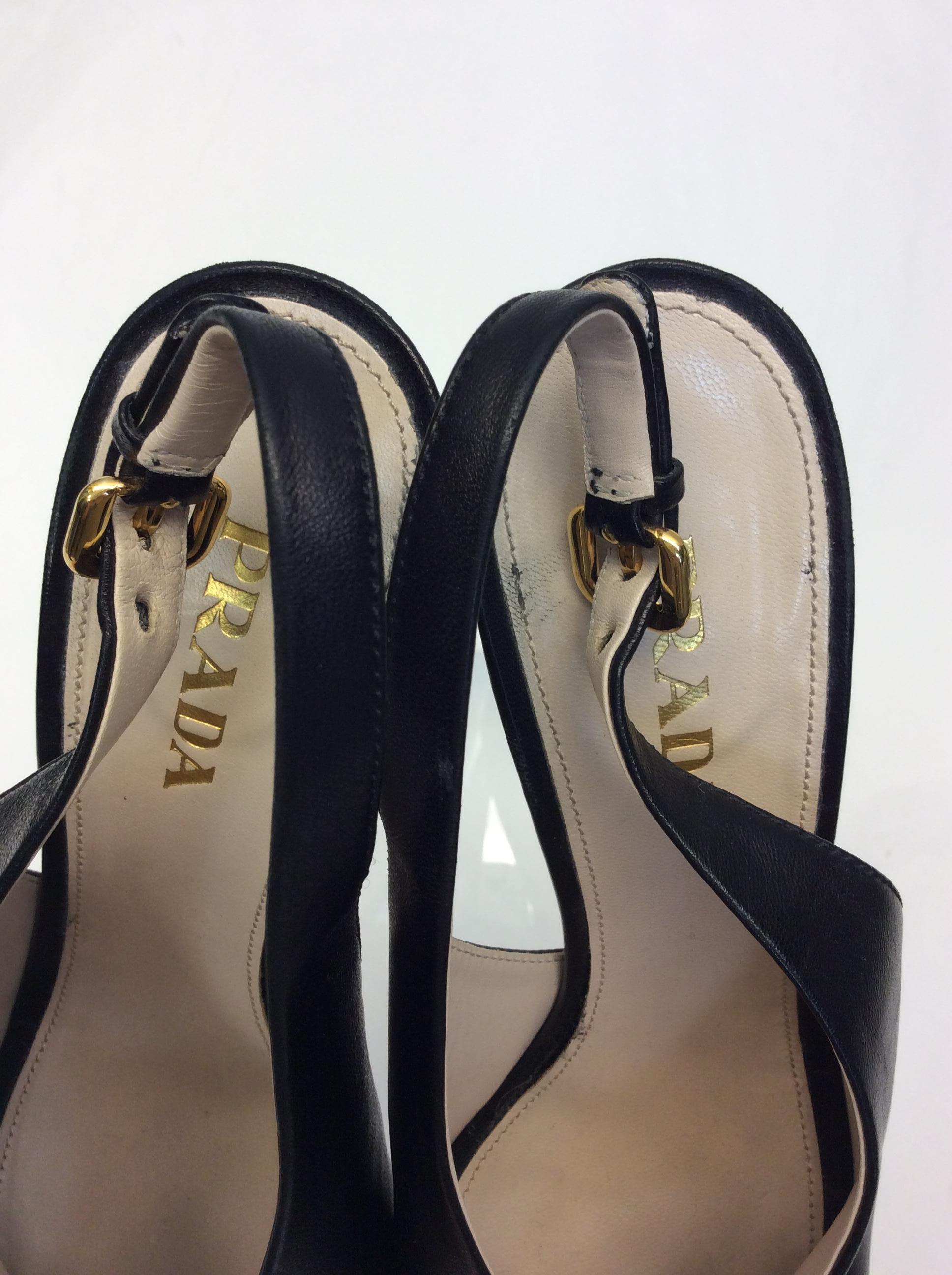 Prada Black Leather Peep Toe Heels For Sale 2