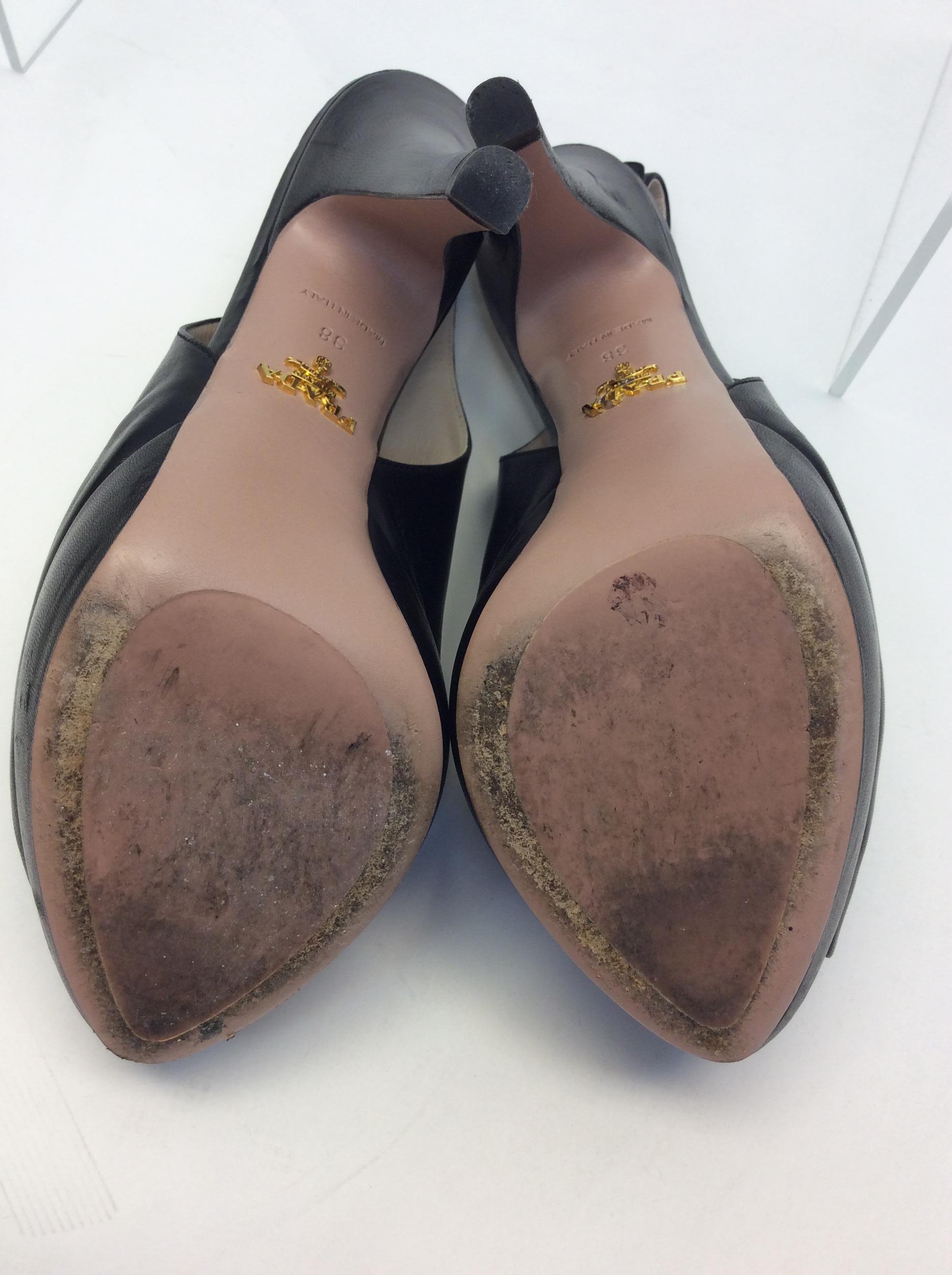 Prada Black Leather Peep Toe Heels For Sale 3