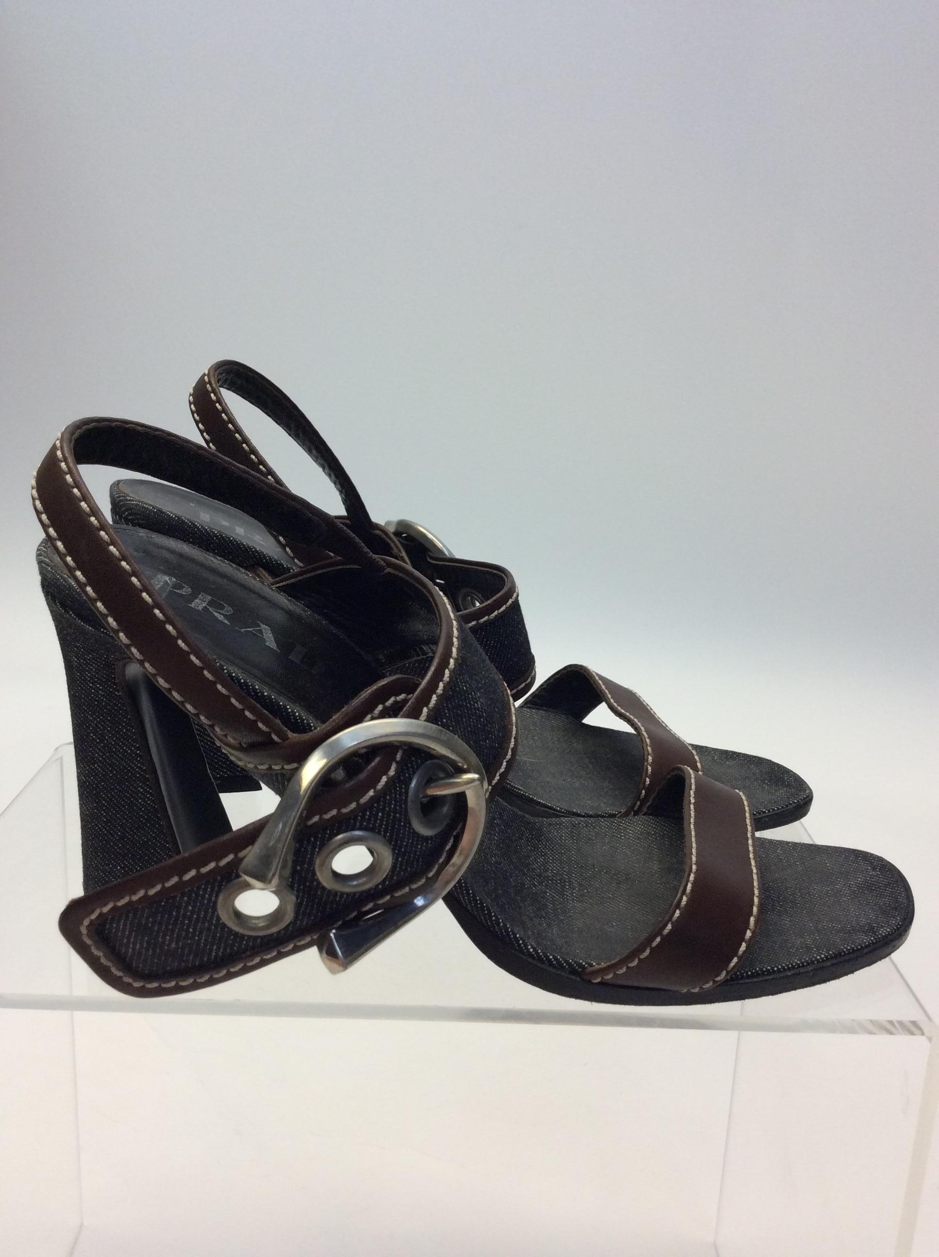 Prada Denim Blue Strappy Heeled Sandal In Good Condition For Sale In Narberth, PA