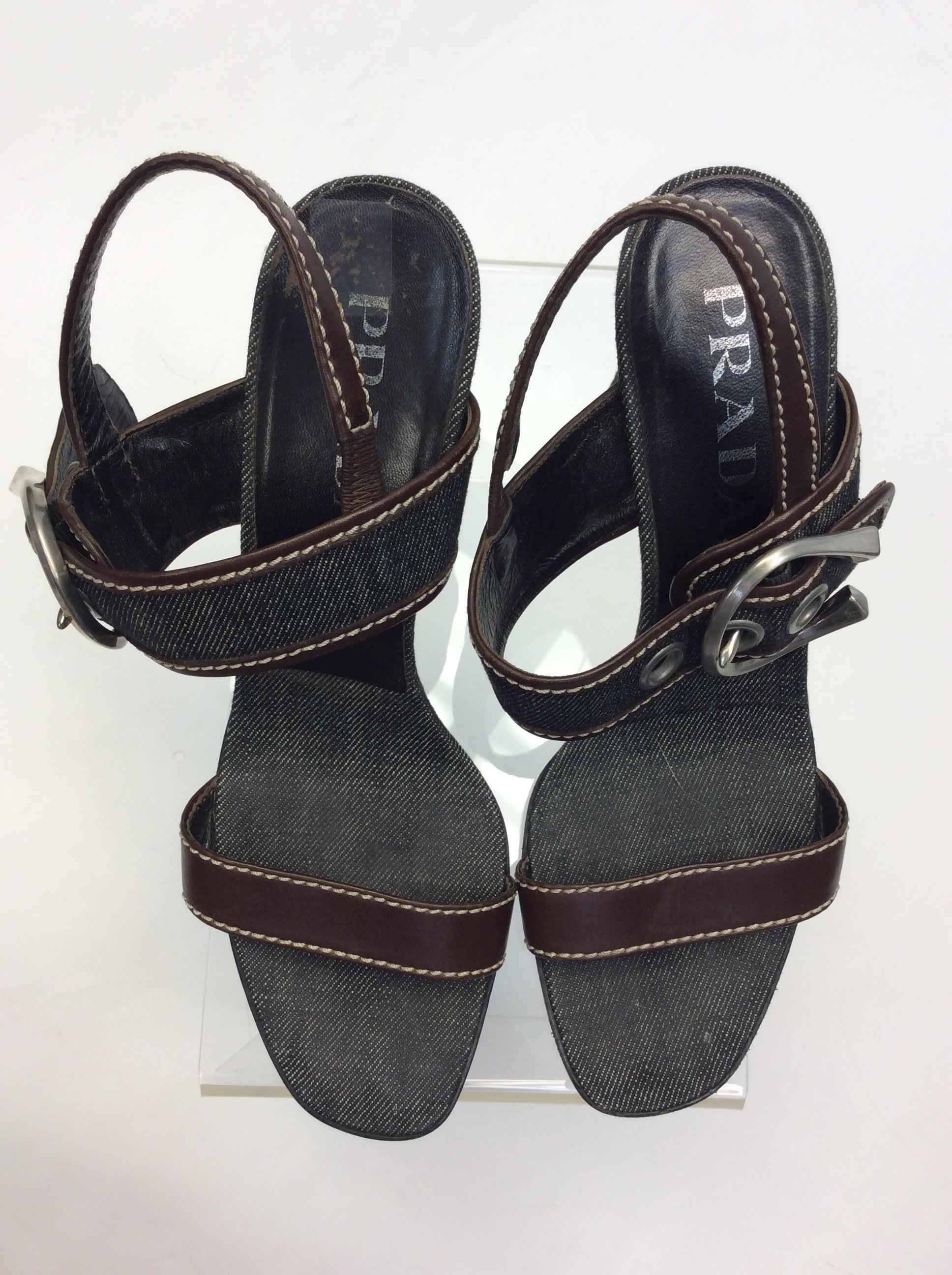 Women's Prada Denim Blue Strappy Heeled Sandal For Sale