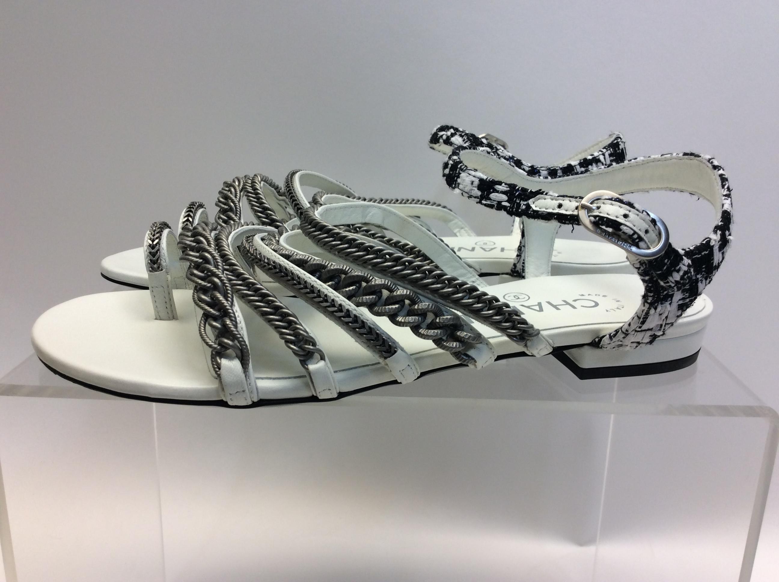 Chanel White Leather and Silver Chain Strappy Sandal NIB
Made in Italy
Size 36.5
