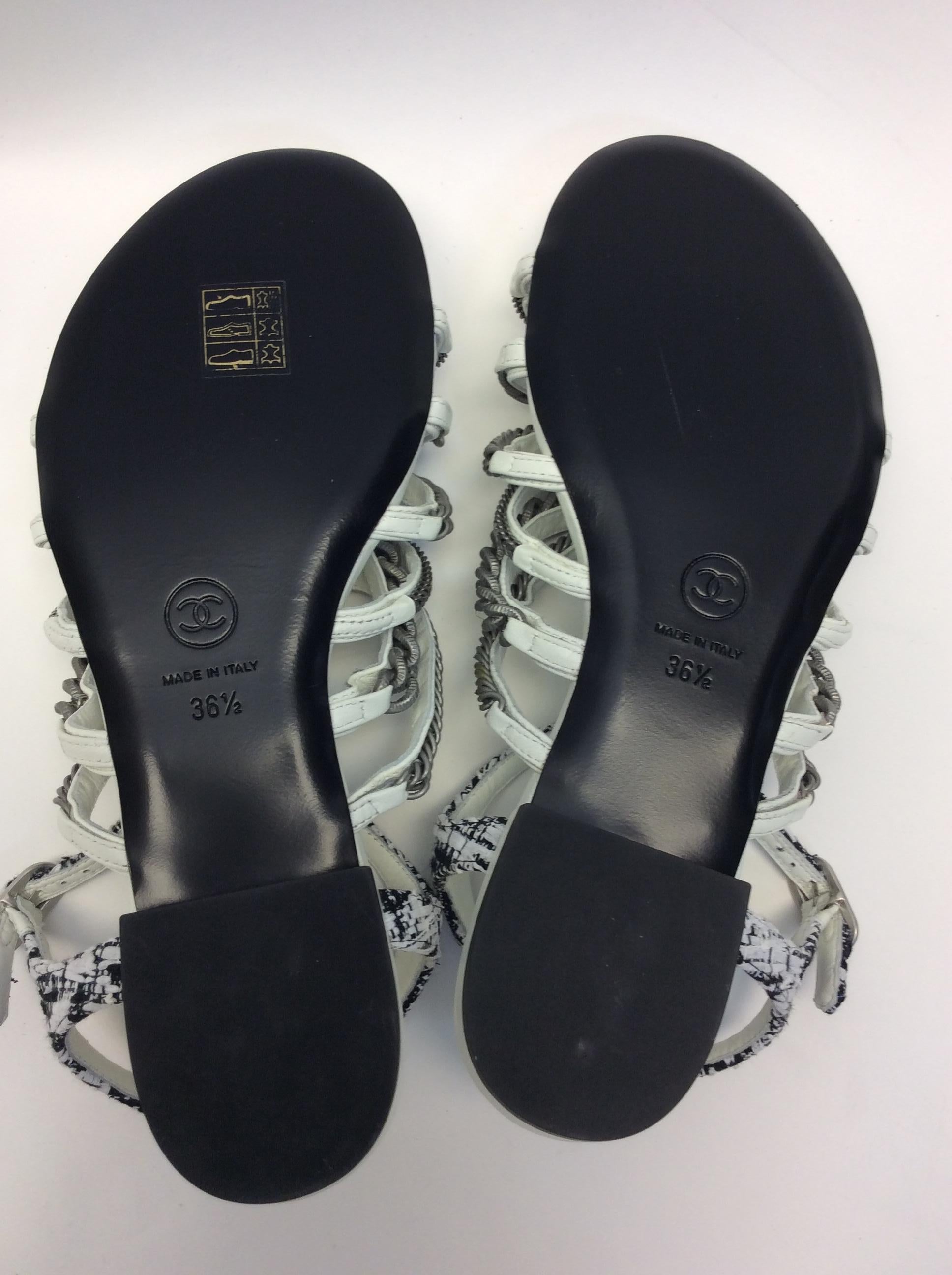 Chanel White Leather and Silver Chain Strap Sandal  For Sale 2