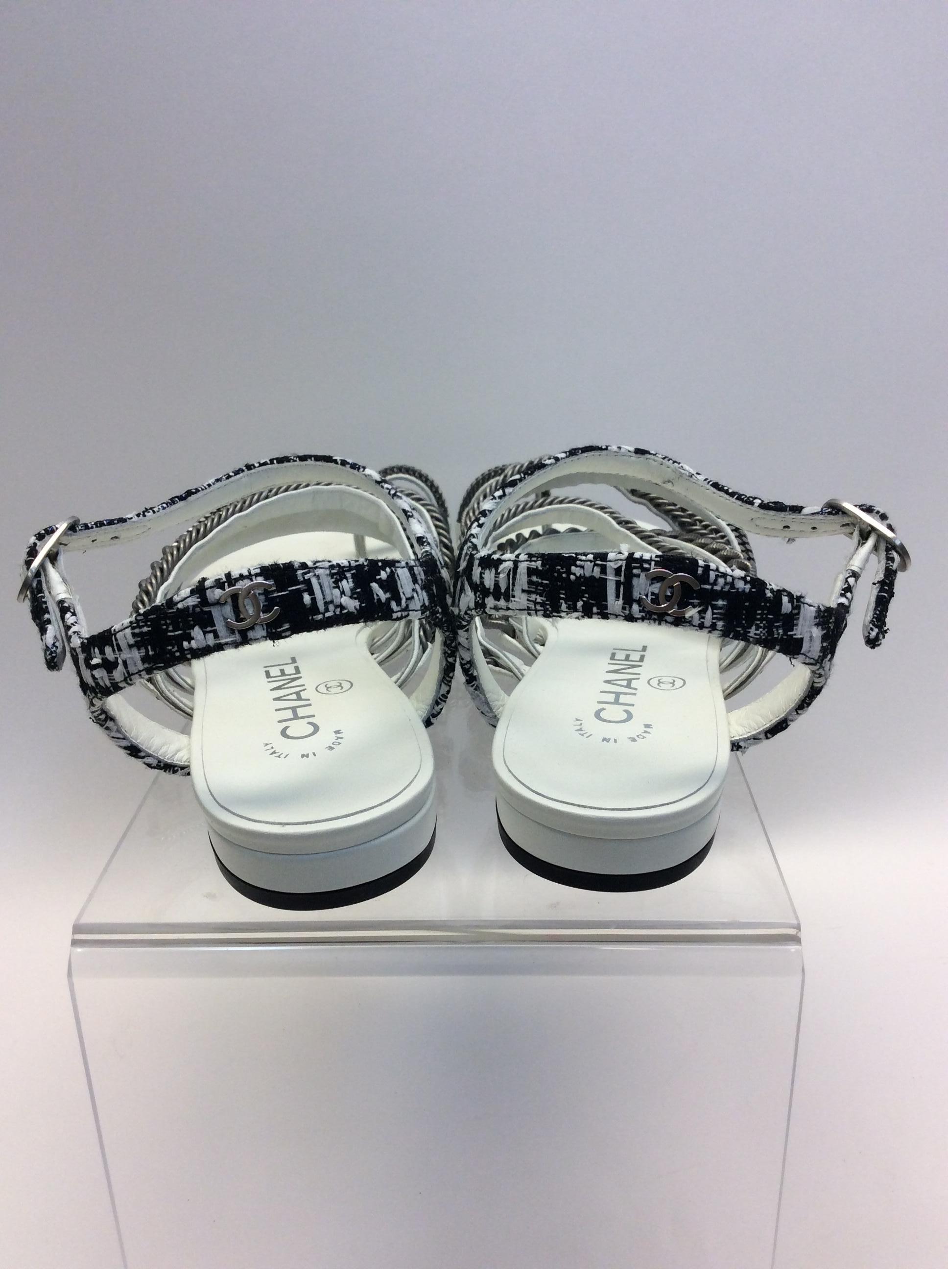 Gray Chanel White Leather and Silver Chain Strap Sandal  For Sale