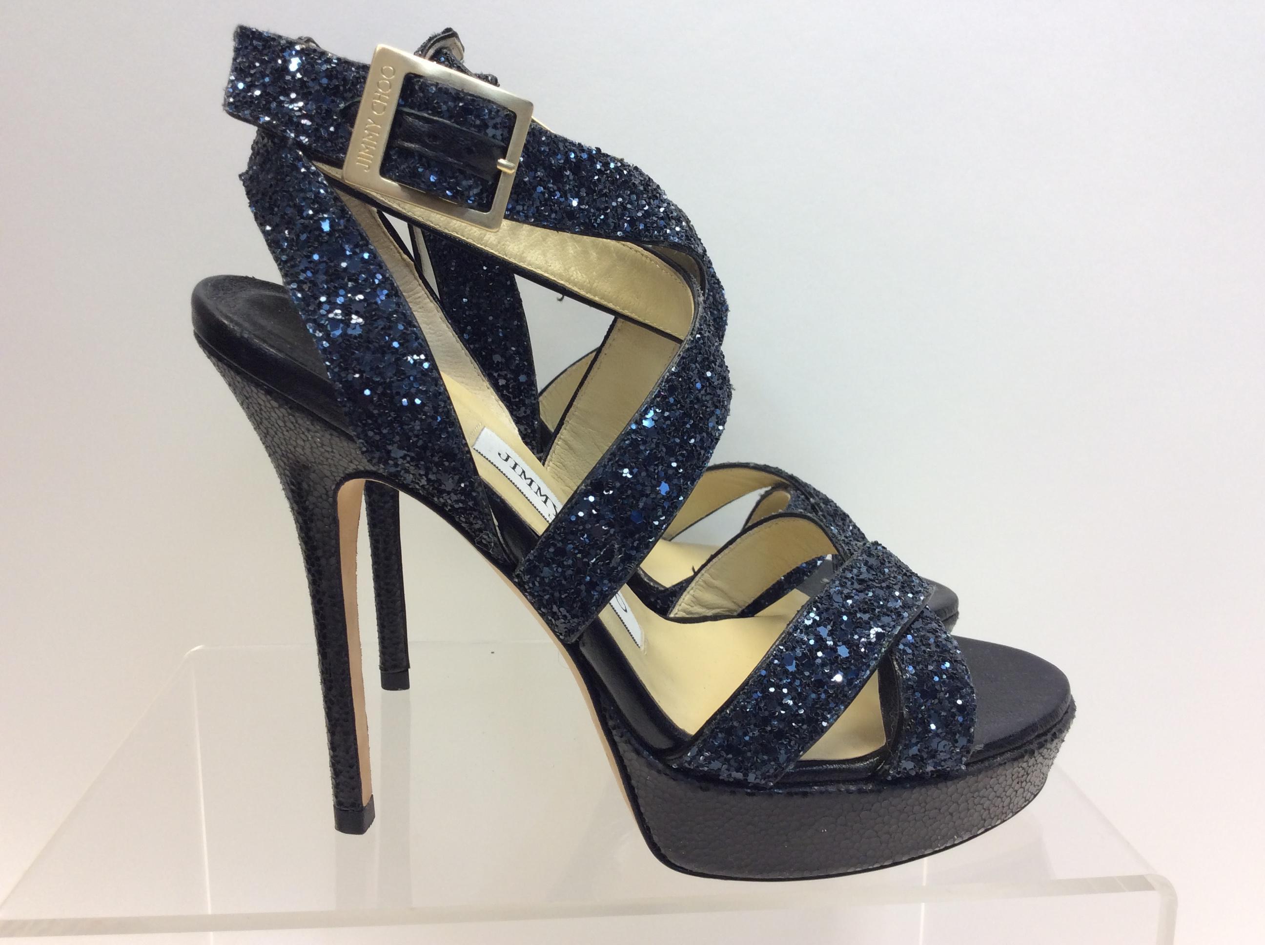Jimmy Choo Blue Beaded Strappy Sandal In Excellent Condition For Sale In Narberth, PA