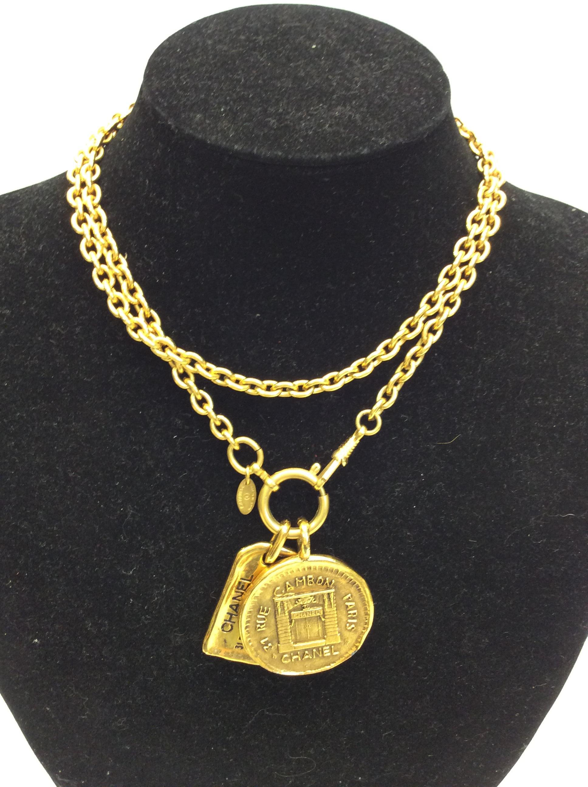 Chanel Vintage Gold Necklace with Two Charms For Sale 3