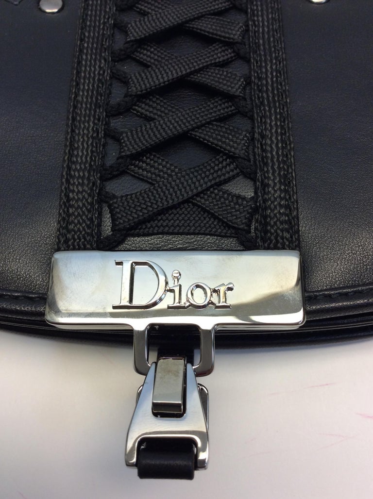 Christian Dior Black Leather Saddle Bag with Silver Hardware For Sale