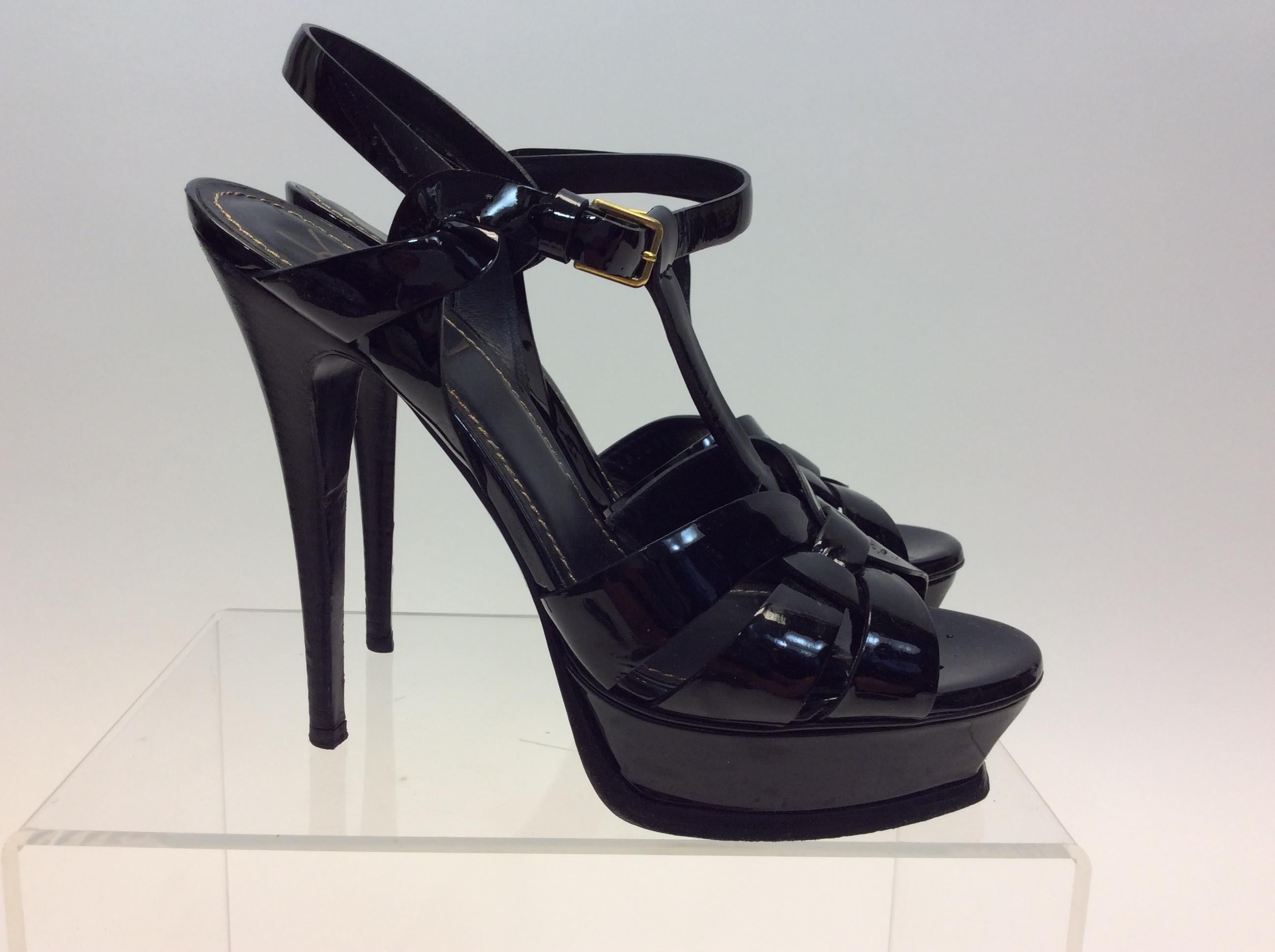 Women's Yves Saint Laurent Black Patent Leather Tribute Heels For Sale