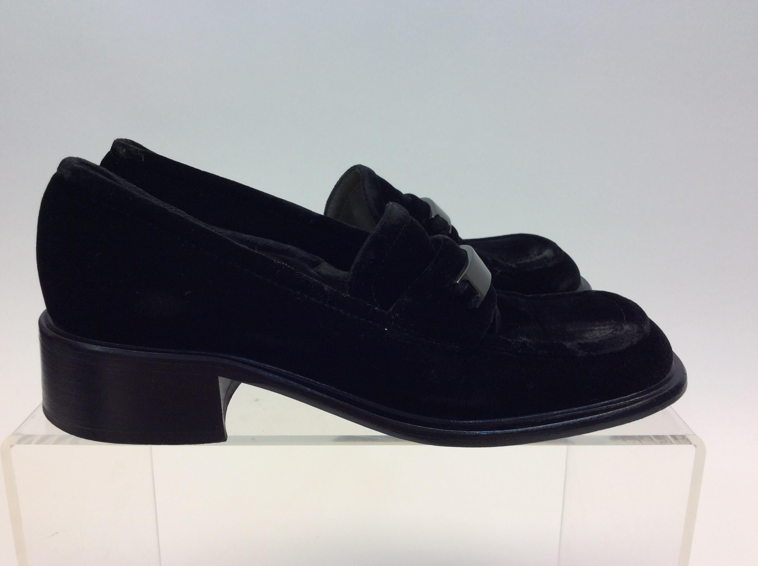 Women's Prada Black Velvet Loafers with Silver Hardware For Sale