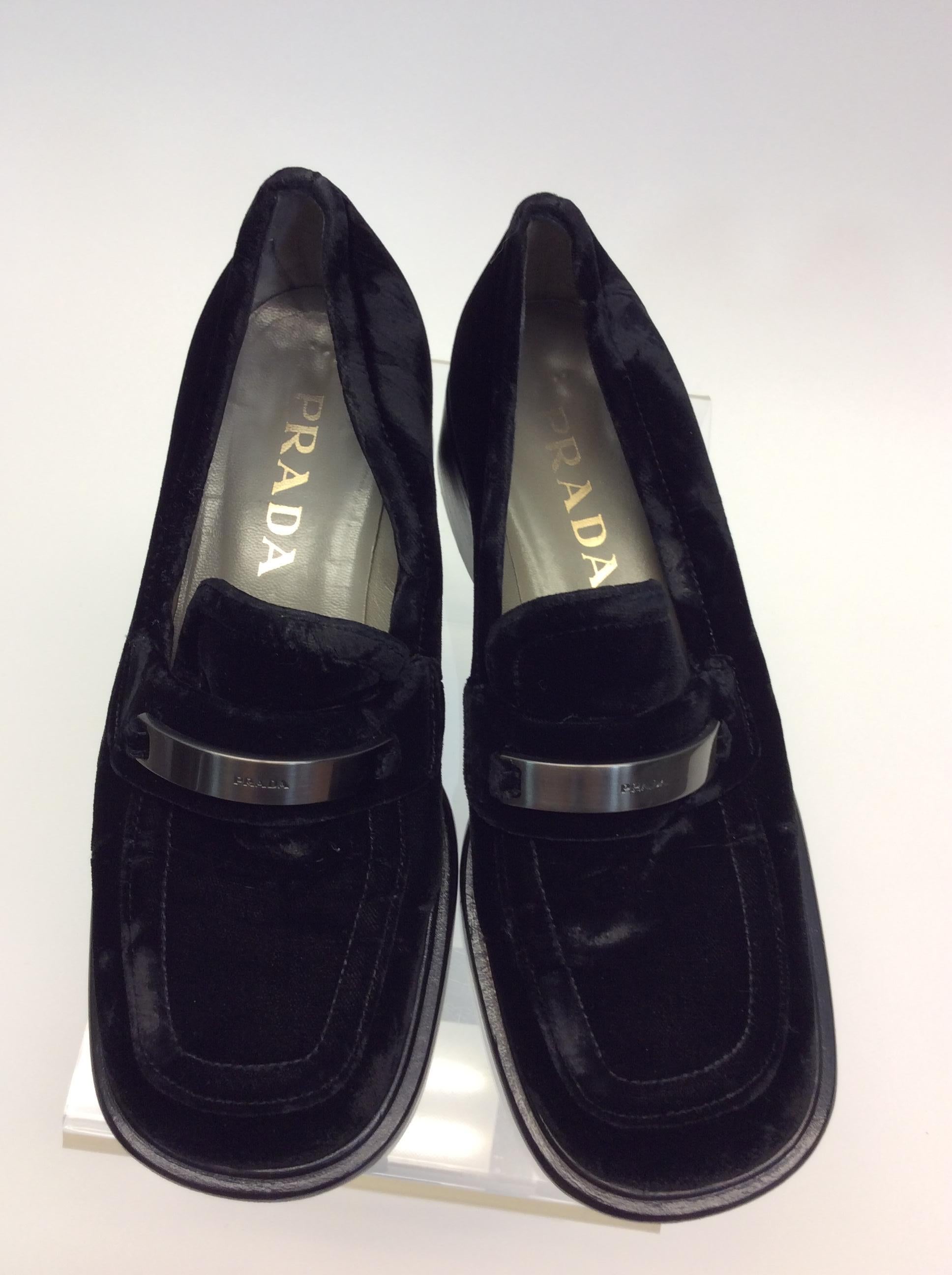Prada Black Velvet Loafers with Silver Hardware For Sale 1