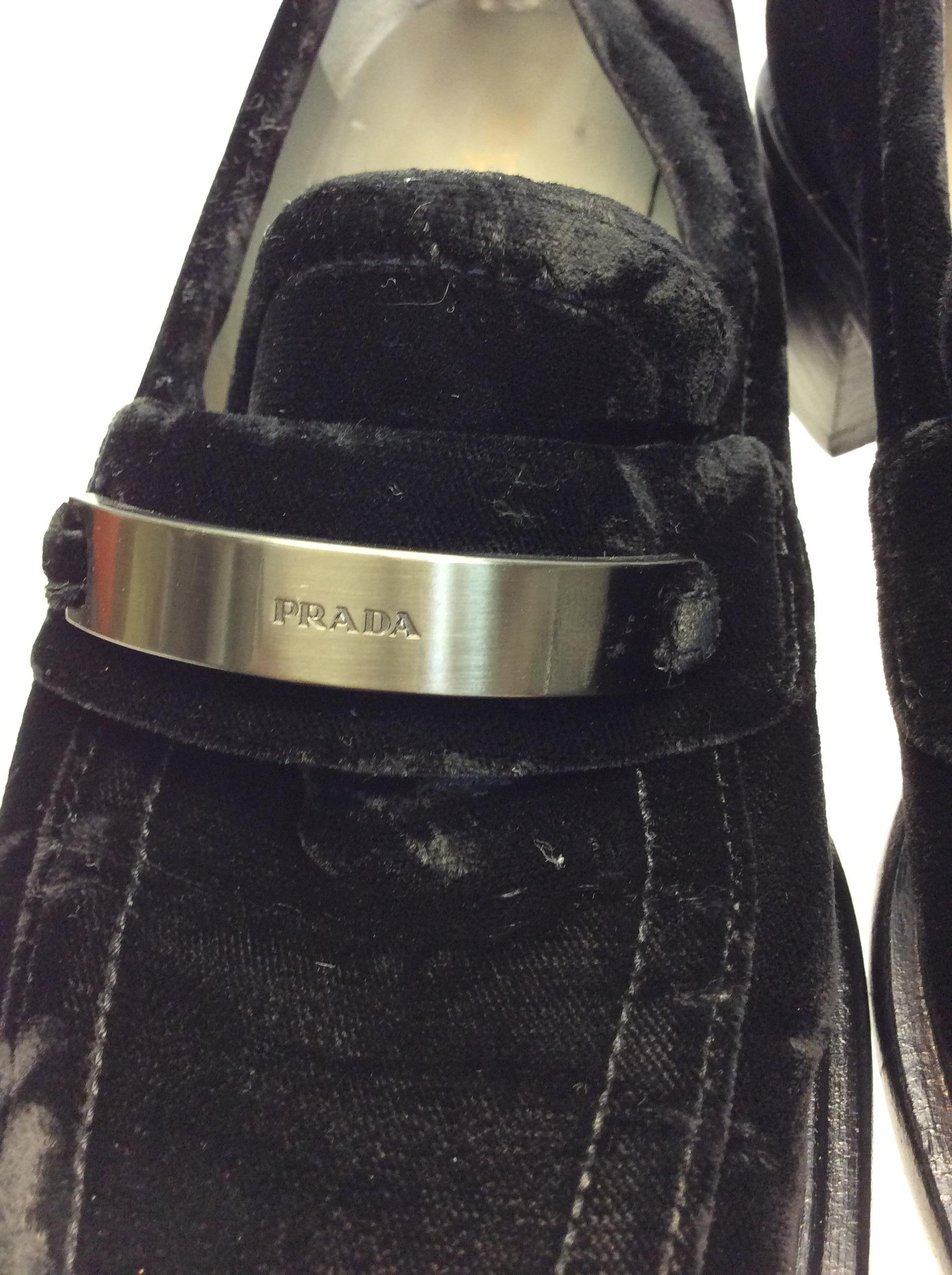 Prada Black Velvet Loafers with Silver Hardware For Sale 2