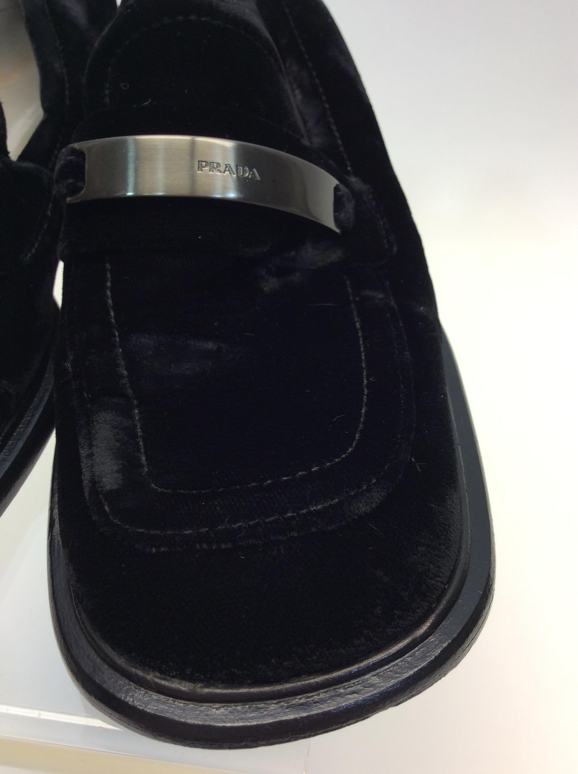 Prada Black Velvet Loafers with Silver Hardware For Sale 3