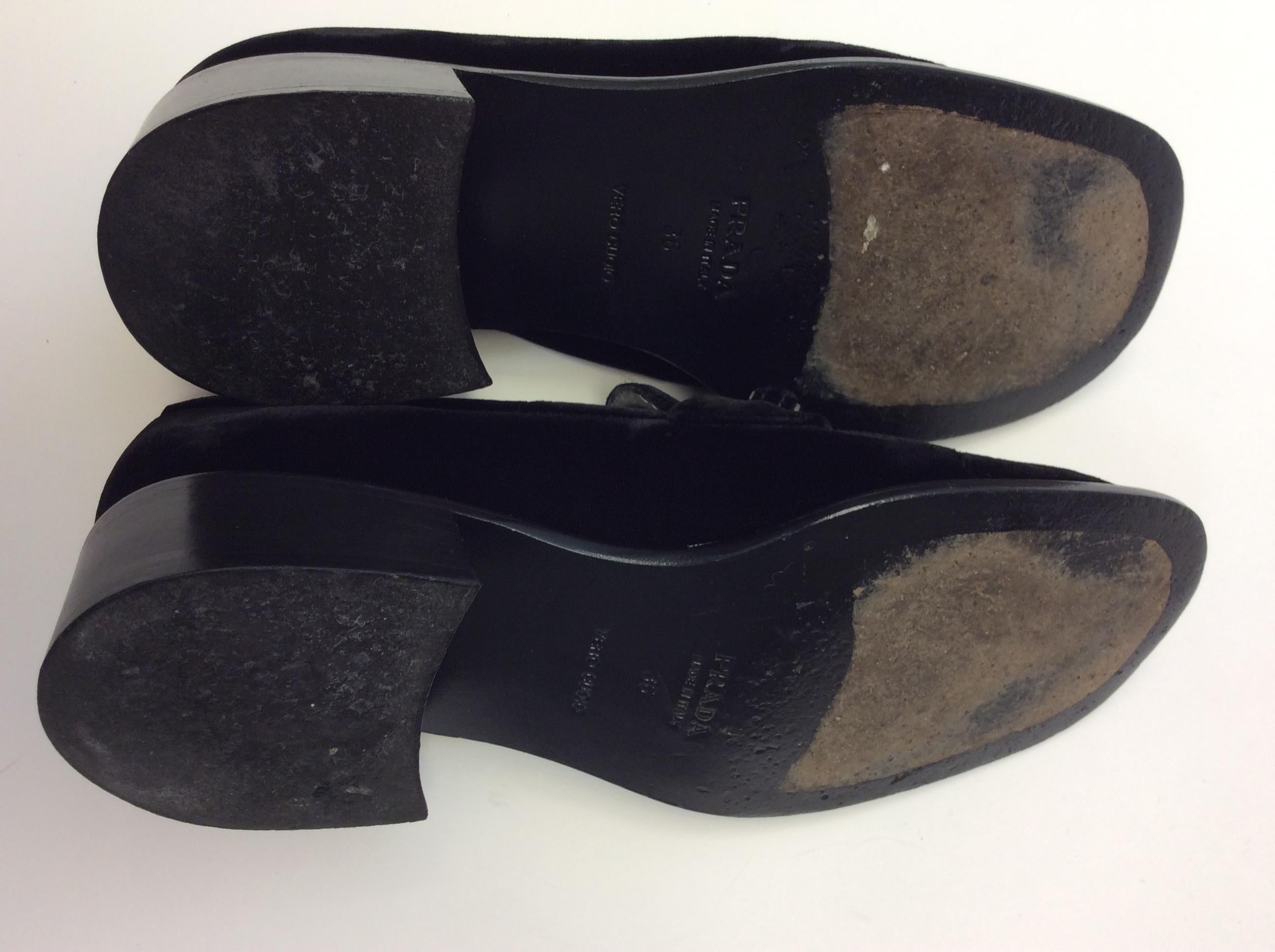 Prada Black Velvet Loafers with Silver Hardware For Sale 4