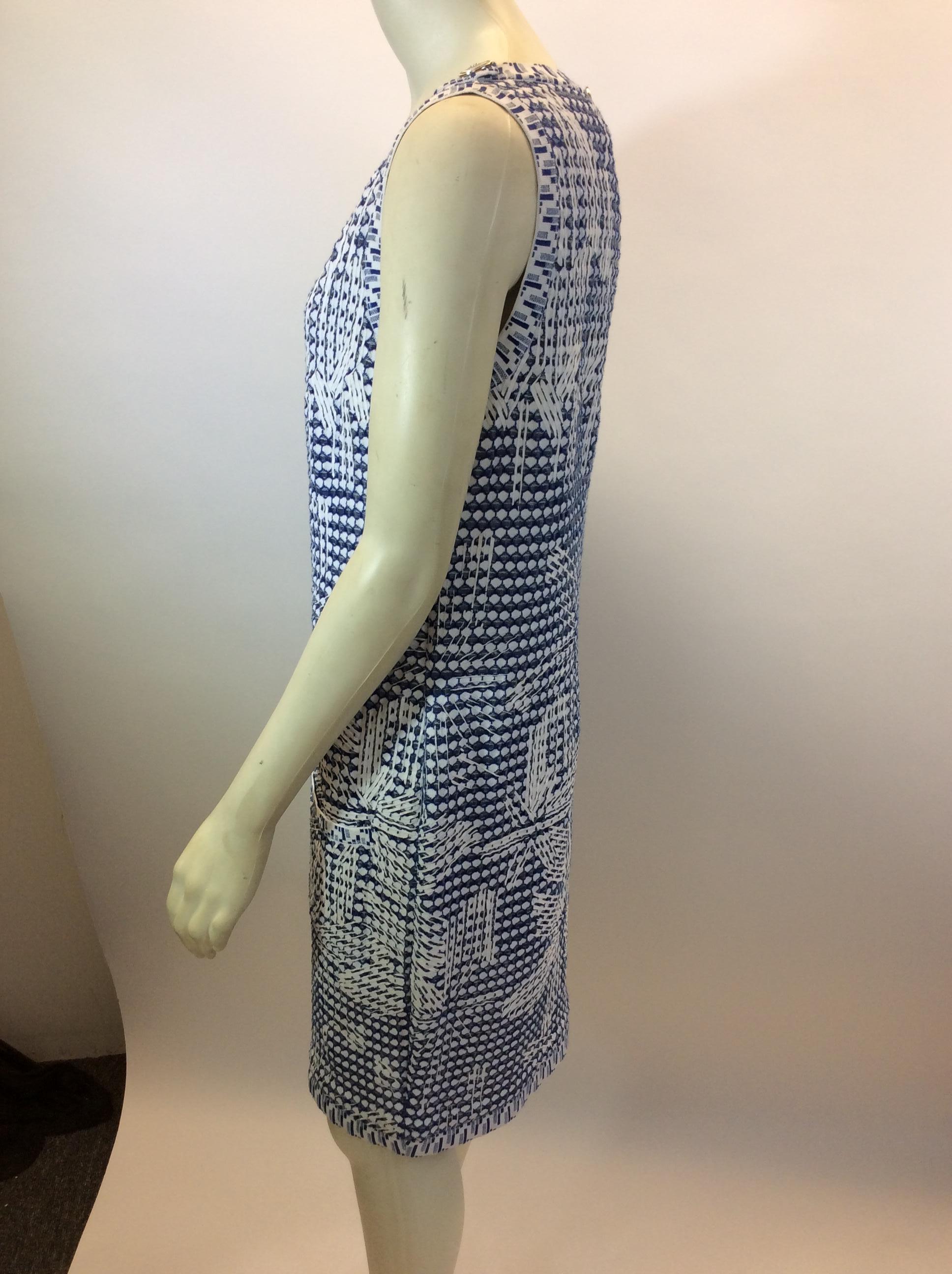Chanel Blue and White Knit Dress
Made in Italy
50% rayon, 26% cotton, 16% polyester, 8%  nylon
Size 38
Length 34.5