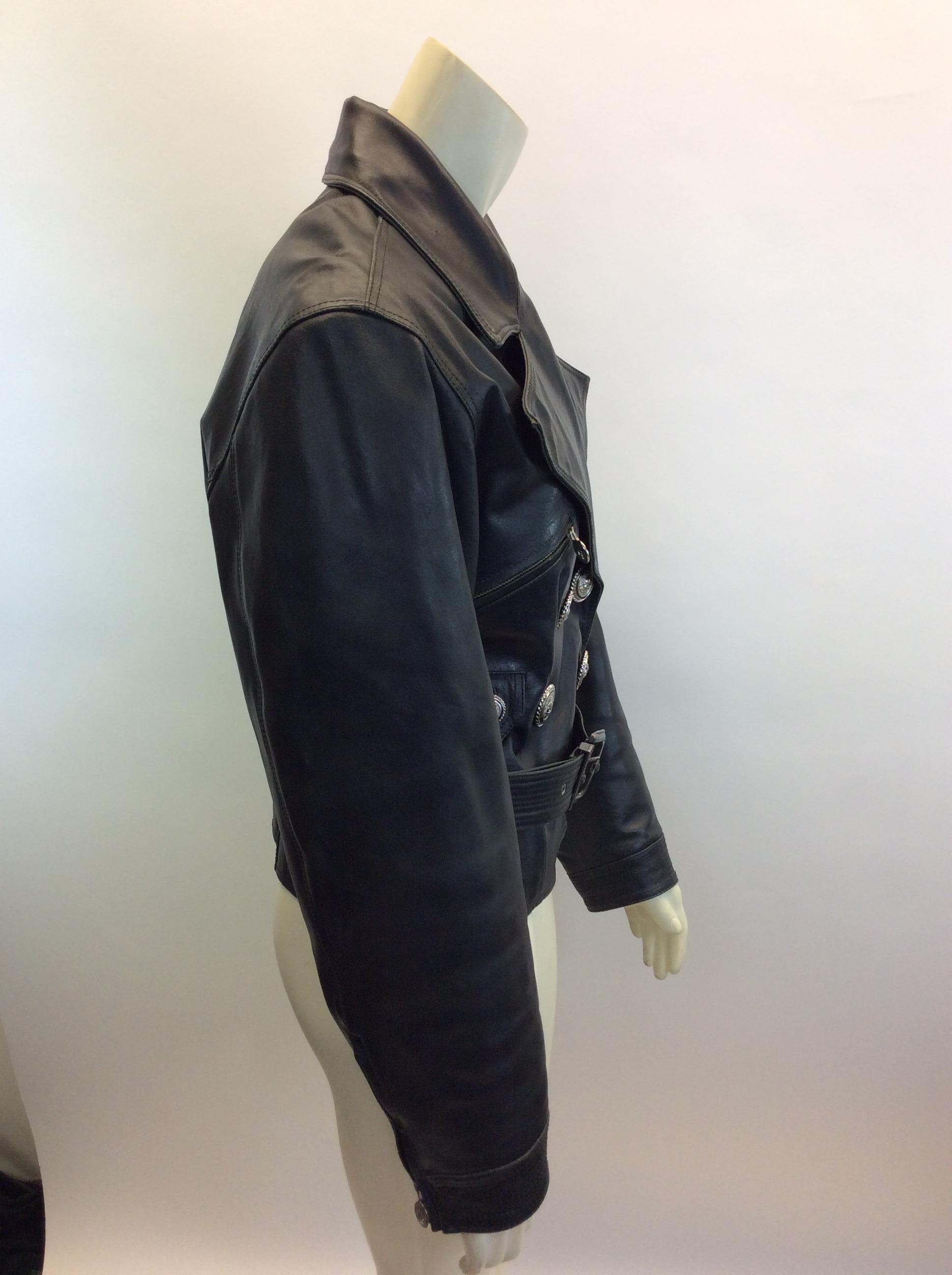 Women's Versace Black Leather Jacket with Silver Buttons For Sale