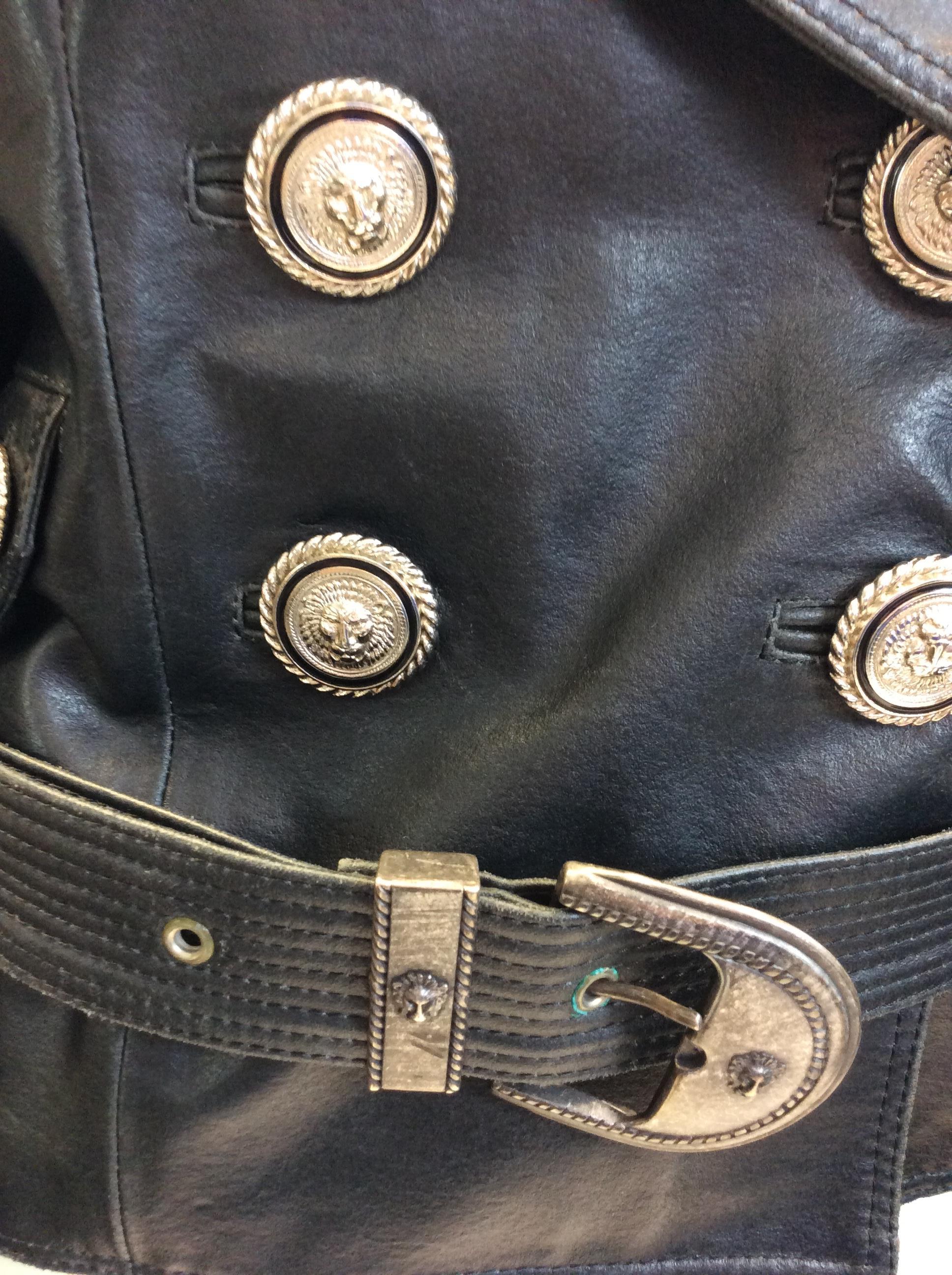 Versace Black Leather Jacket with Silver Buttons For Sale 1