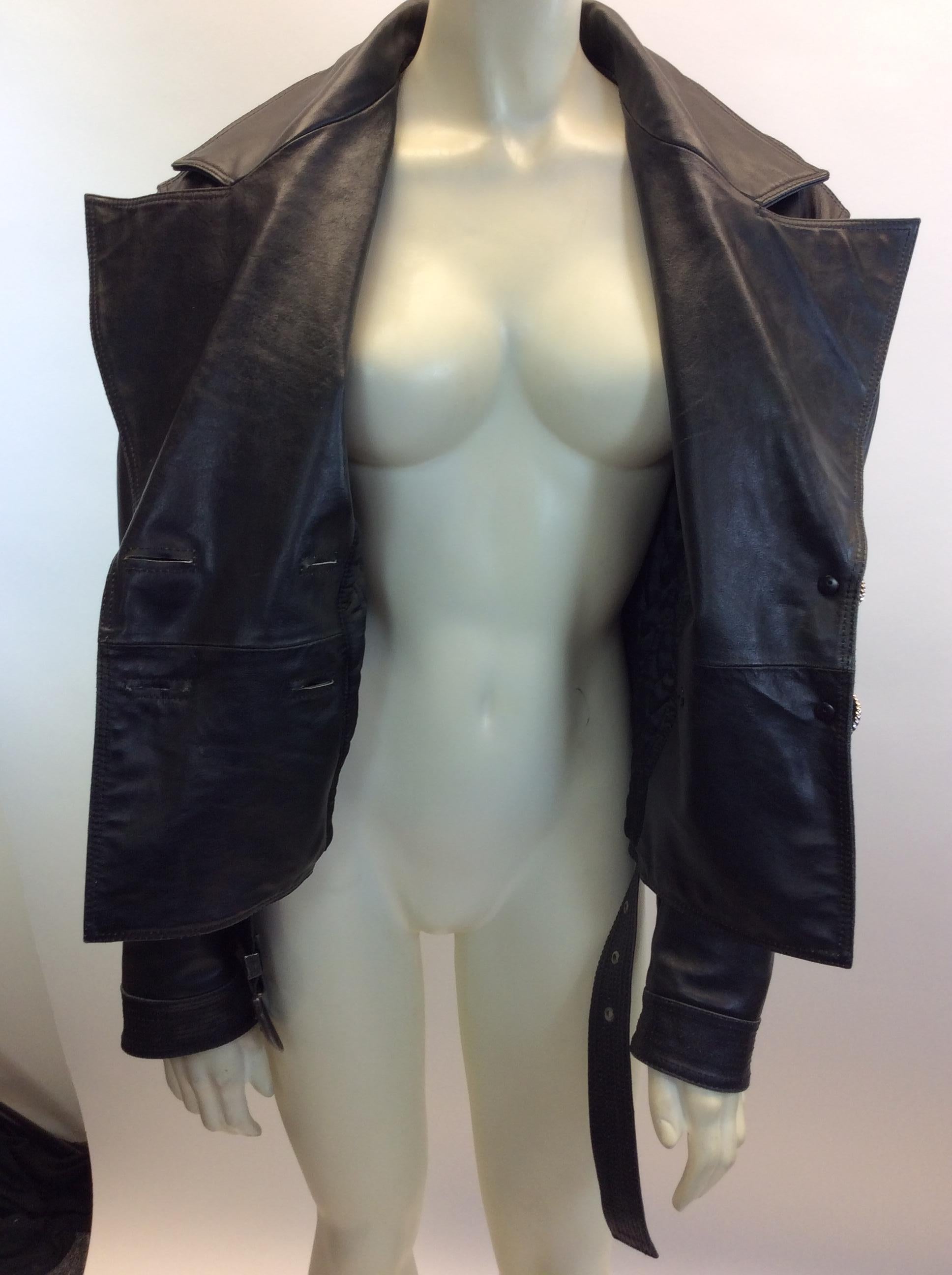 Versace Black Leather Jacket with Silver Buttons For Sale 3