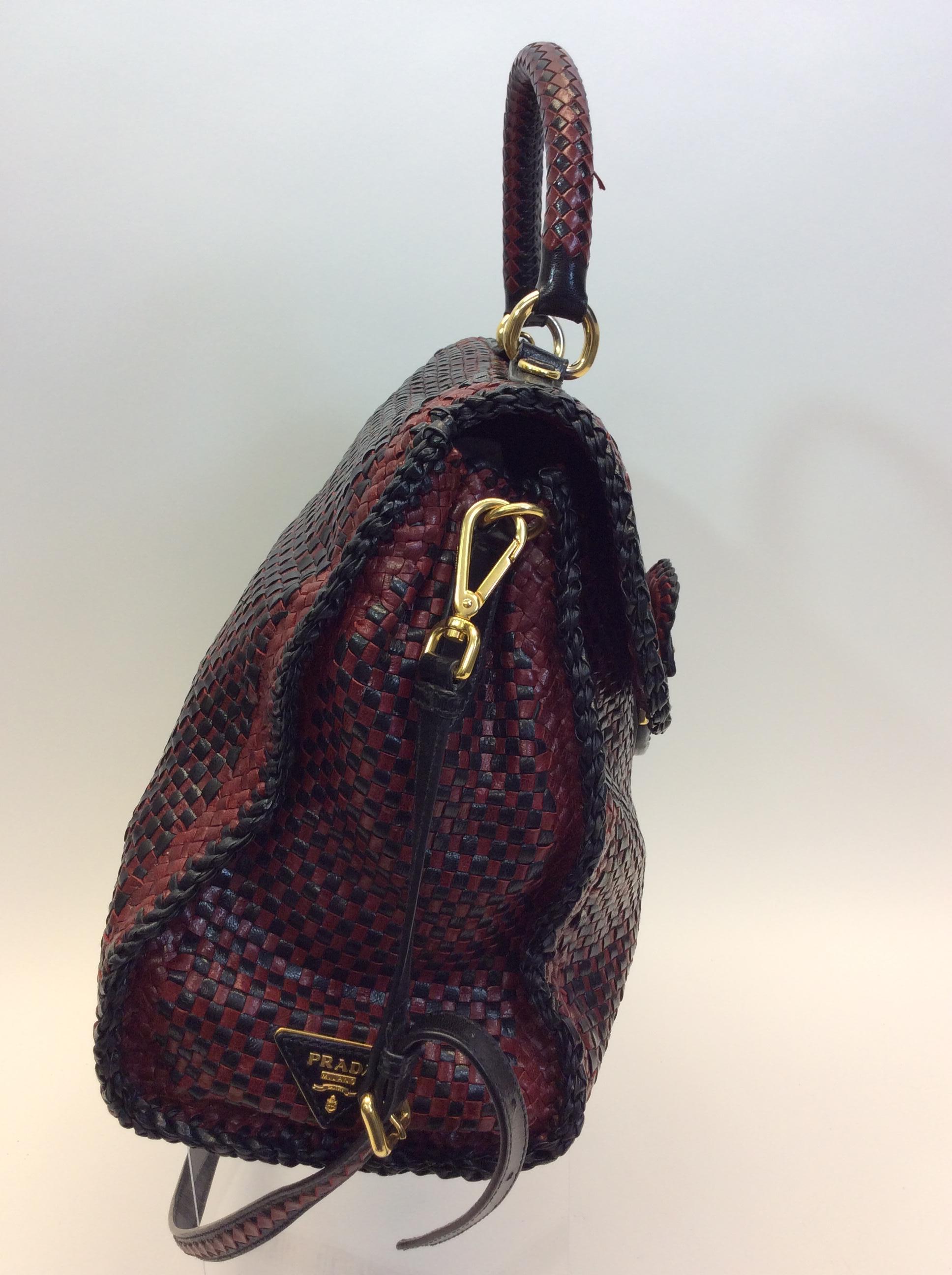 Women's Prada Black and Red Woven Leather Satchel For Sale