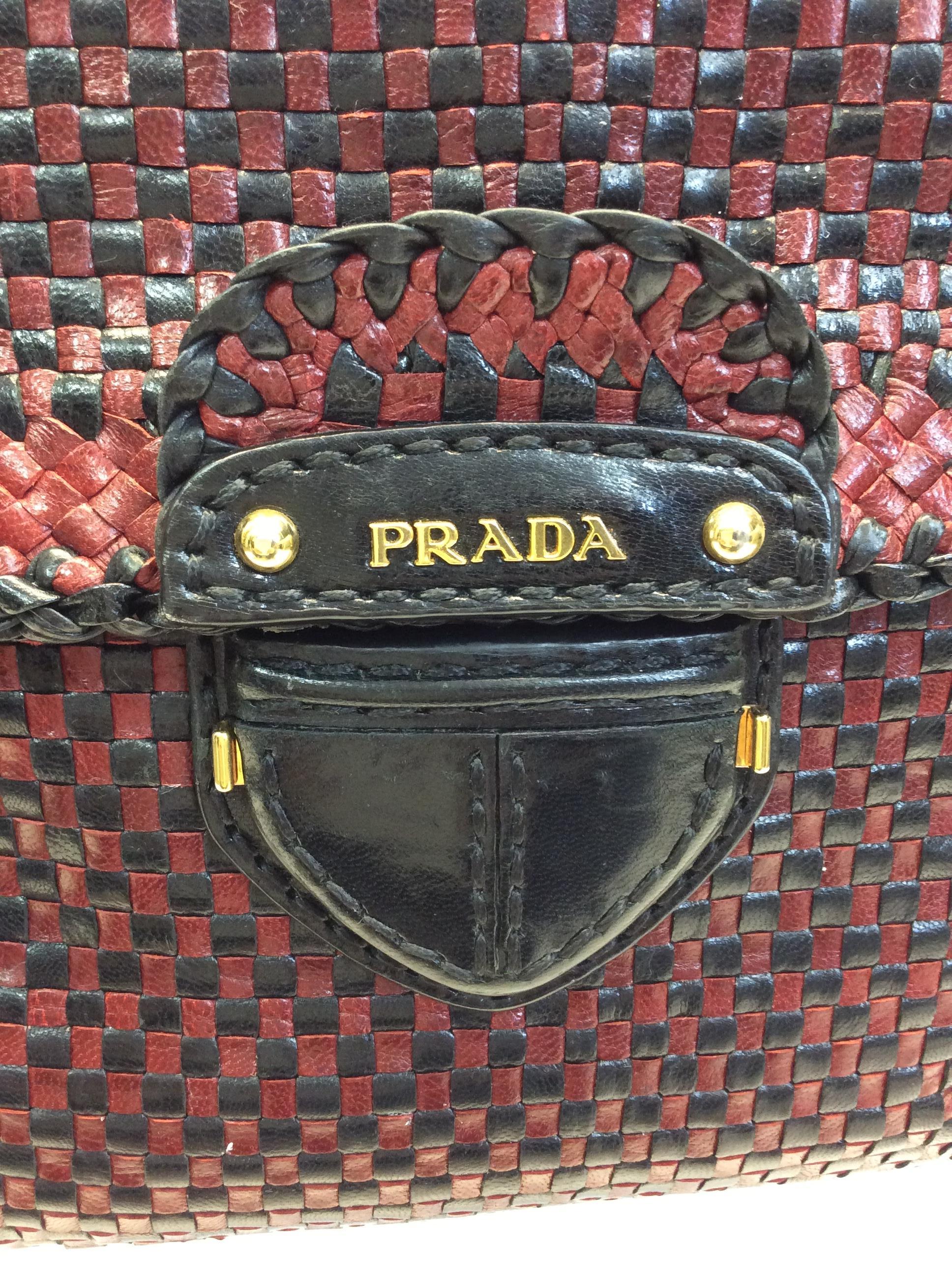 Prada Black and Red Woven Leather Satchel For Sale 2