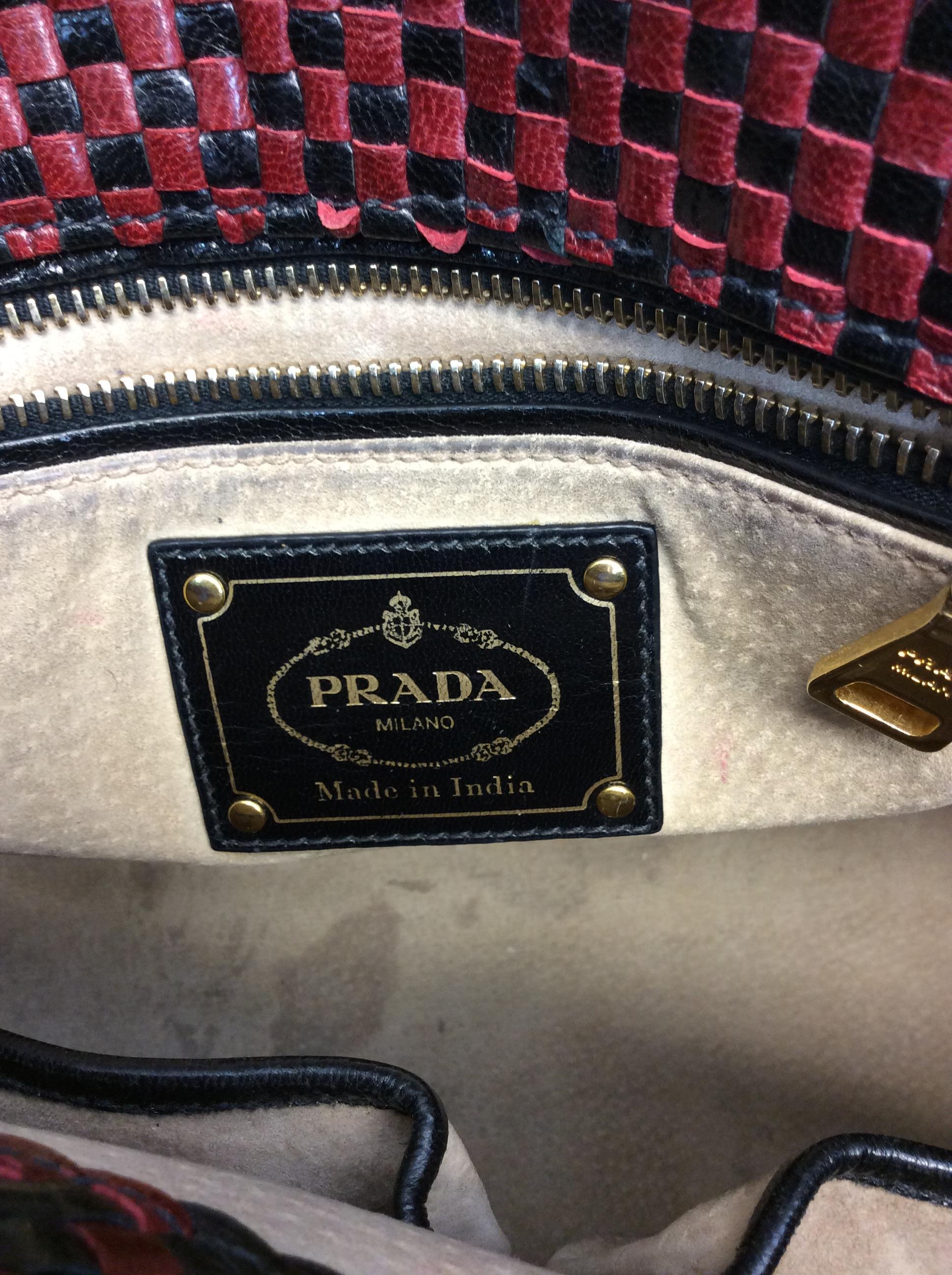 Prada Black and Red Woven Leather Satchel For Sale 5