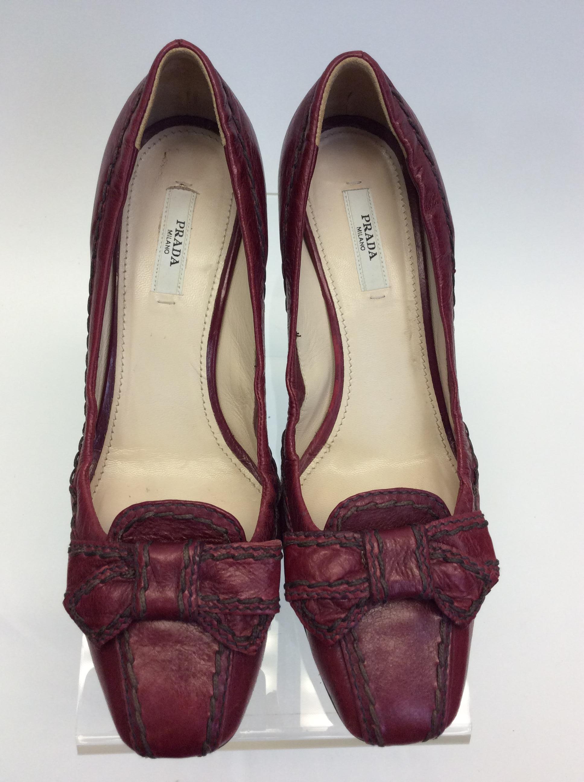 Women's Prada Burgundy Leather Bow Heels For Sale