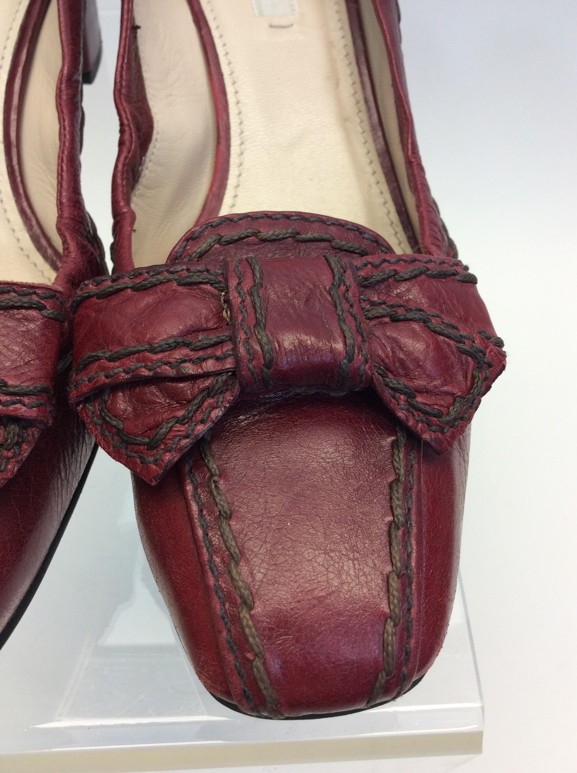 Prada Burgundy Leather Bow Heels For Sale 1