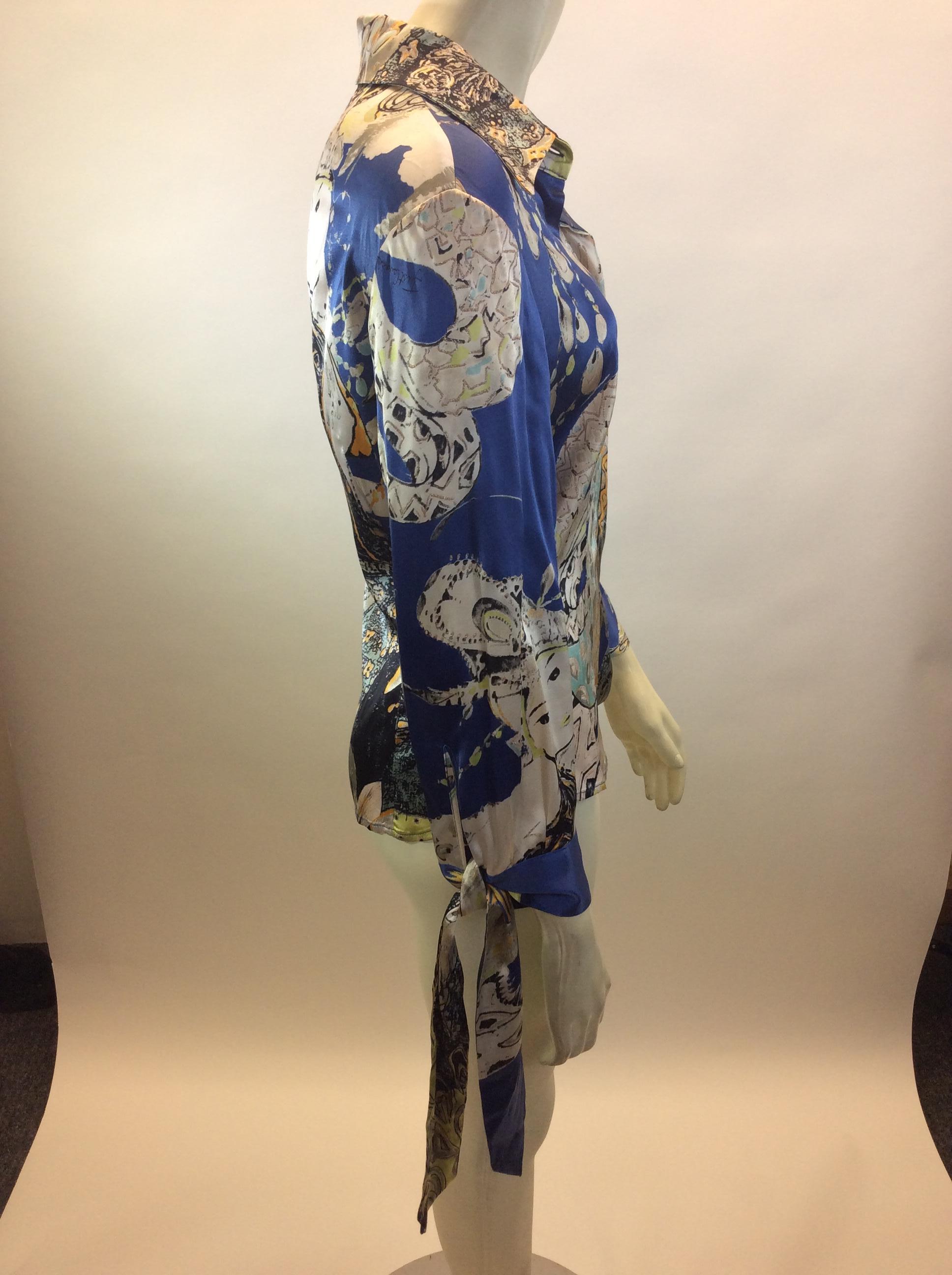 Roberto Cavalli Blue Print Silk Blouse In Good Condition In Narberth, PA