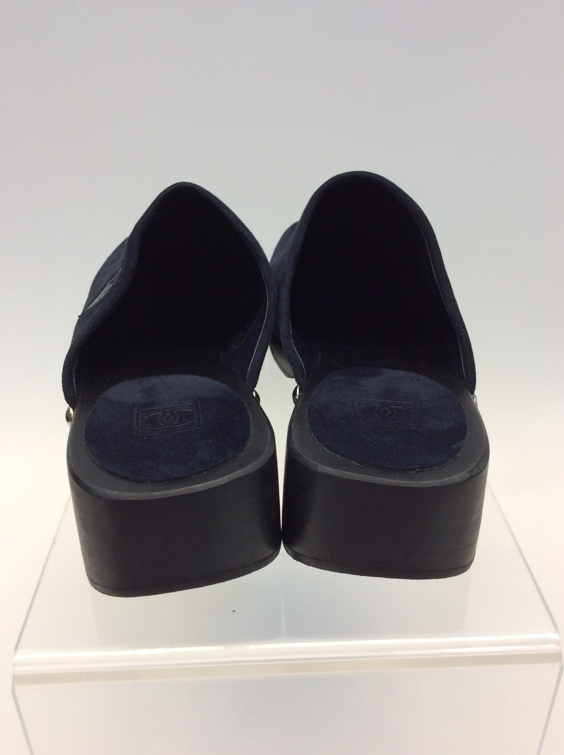 Black Chanel Navy Blue Suede Clogs For Sale